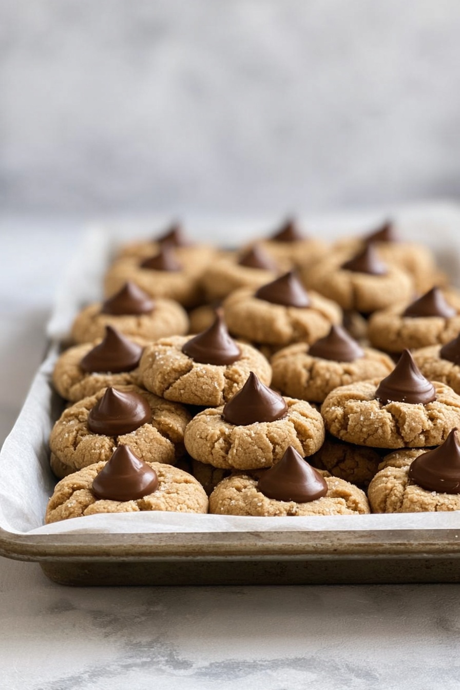 A metal baking tray filled with many small round cookies, each cookie has a light brown crumbly base with a single smooth, dark brown chocolate piece pressed in the middle, arranged in neat rows. Two shiny Christmas baubles, one green near the center and one red near the bottom right, are also on the tray. The tray is placed on a white marbled surface. Photo taken with an iphone --ar 2:3 --v 7 - Peanut Butter Blossom Cookies, peanut butter cookies with Hershey's kisses, classic chocolate peanut butter cookies, easy peanut butter cookies, melt-in-your-mouth peanut butter cookies