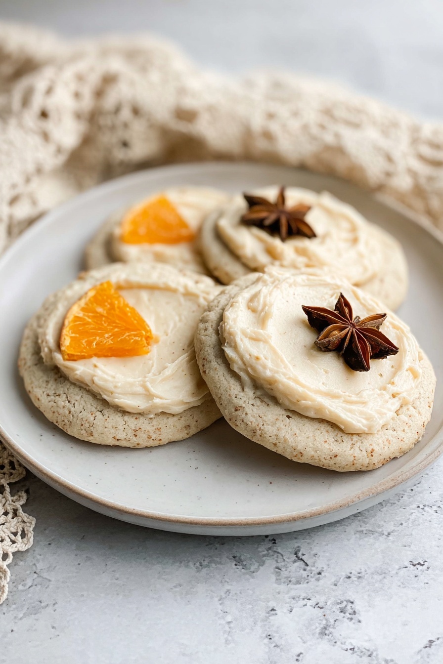 A close-up of a woman's hand holding a round cookie with a rough, crumbly beige base. The cookie has one smooth layer of white frosting swirled on top, with tiny specks visible in the frosting. In the center of the frosting sits a small orange triangular slice as a decoration. In the background, several similar cookies sit on a metal baking tray lined with white paper, each frosted and topped with either an orange slice or a dark star-shaped spice. The setting is on a white marbled surface. Photo taken with an iphone --ar 2:3 --v 7 - Spiced Orange Sugar Cookies, orange spice cookies, citrus sugar cookies, easy orange cookies, festive holiday cookies