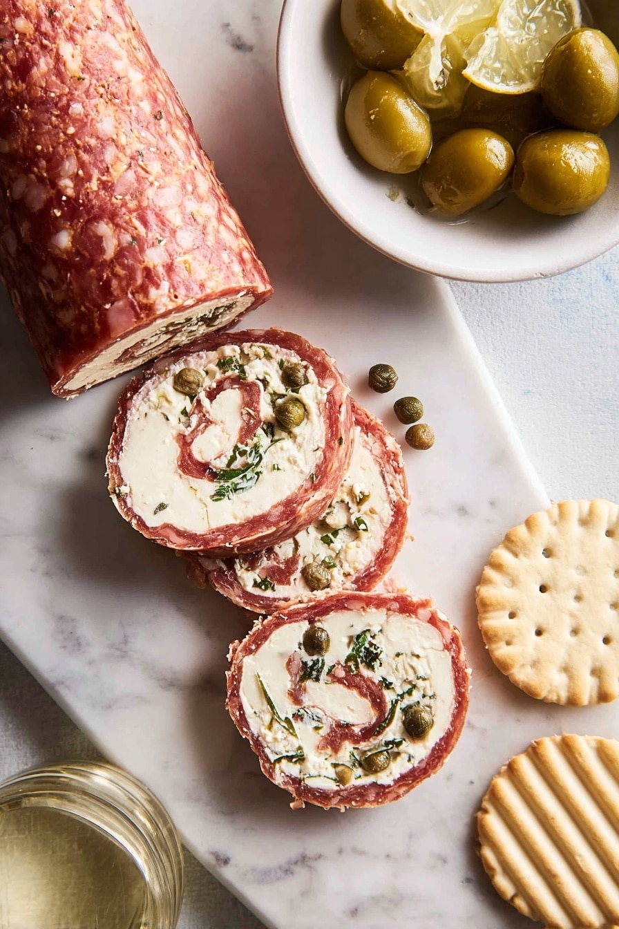 The image shows a white cutting board placed on a white marbled surface, with several round, golden-brown crackers spread on it. On top of one cracker in the foreground, there is a pinwheel slice of rolled salami layered with cream cheese and green herbs, creating a swirl pattern with white, red, and green colors. Next to this, more pinwheel slices rest directly on the cutting board, with the remaining larger roll on the right side, showing the same layered pattern inside. A knife with a white blade and dark handle is blurred in the background. photo taken with an iphone --ar 2:3 --v 7 - Salami Cream Cheese Roll-Ups, easy appetizer recipes, no-cook party snacks, savory finger food, quick appetizer ideas