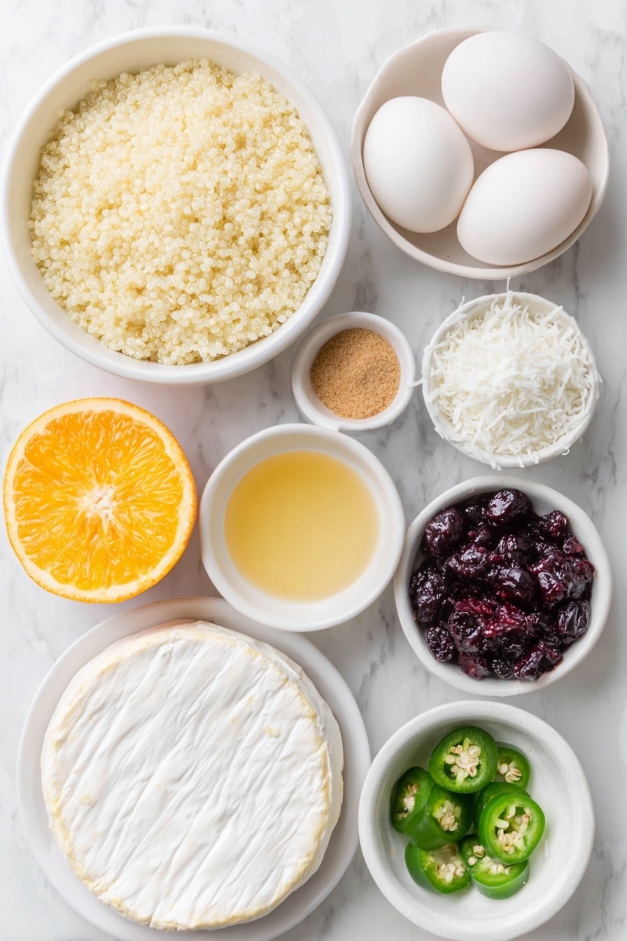 Flat lay of cooked quinoa in a simple white ceramic bowl, a whole chilled wheel of brie cheese, mashed cannellini beans in a small white bowl, finely crumbled blue cheese on a white ceramic plate, large whole uncracked eggs, grated garlic clove on a small white bowl, panko bread crumbs in a white ceramic bowl, unsweetened shredded coconut in a white bowl, fresh bright red cranberries on a white ceramic plate, small white bowls with brown sugar, golden honey, and water, fresh orange with a few orange zest curls beside it, and a halved jalapeño with chopped pieces on a white ceramic dish, all ingredients fresh and natural, arranged with perfect symmetry and realistic proportions, placed on a clean white marble surface, soft natural light, photo taken with an iPhone, professional food photography style, fresh ingredients, white ceramic bowls, no bottles, no duplicates, no utensils, no packaging --ar 2:3 --v 7 --p m7354615311229779997 - Coconut Crusted Brie Quinoa Bites, appetizer recipes, holiday party appetizers, cheese and quinoa snacks, coconut crusted cheese bites
