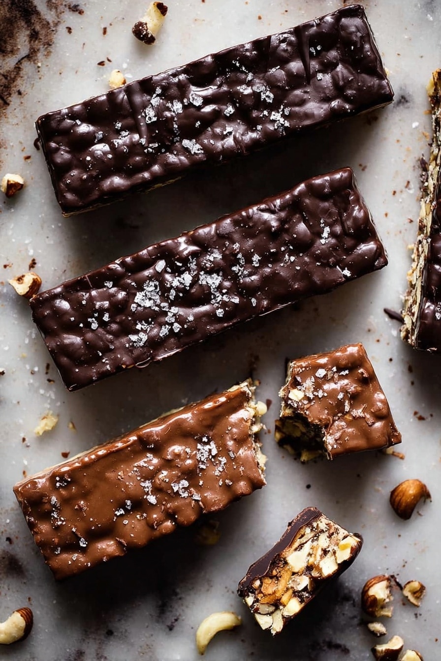 A stack of five thick rectangular bars of dark chocolate nut brittle, each layer filled with whole and halved light brown nuts and pale seeds spread evenly throughout the chocolate. The bars have a rough, chunky texture with some small holes and cracks. The second and fourth bars from the top have dark chocolate drizzles dripping down the sides. The edges are straight but slightly uneven, and the top bar is placed slightly askew on the stack. The background is dark, making the chocolate and nuts stand out clearly. Photo taken with an iphone --ar 2:3 --v 7 - Crockpot Chocolate Bars with Pretzels and Peanut Butter, easy crockpot desserts, no-bake chocolate treat, salty sweet snack, peanut butter chocolate bars
