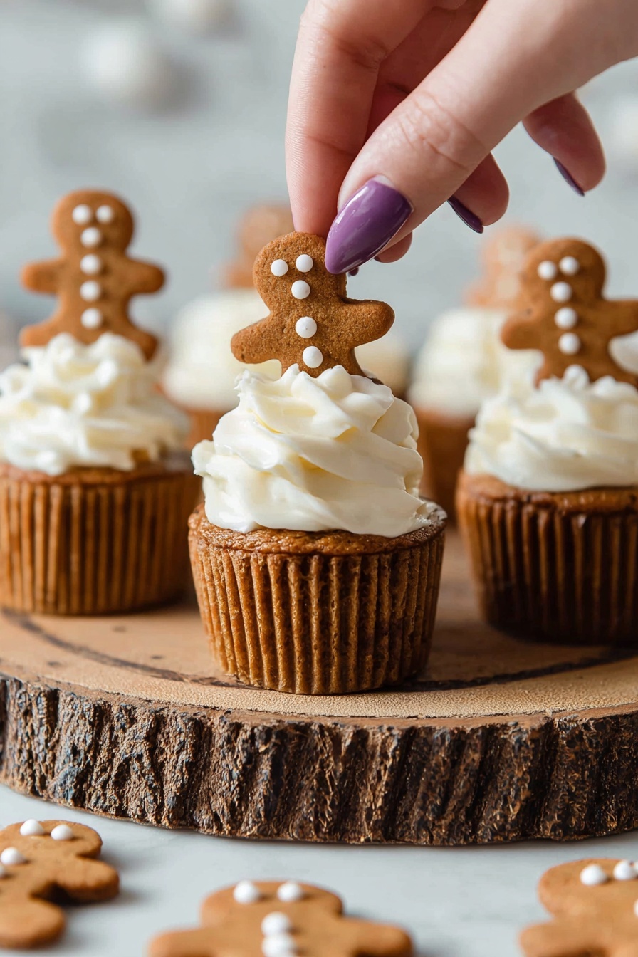The image shows a close-up of four cupcakes placed on a round wooden board with rough edges. Each cupcake has a brown base with ridged sides and a thick swirl of white cream on top. Stuck into the cream is a small gingerbread cookie shaped like a man, decorated with white icing for eyes, buttons, and mouth. A woman's hand with purple nail polish is placing or holding the gingerbread cookie on the cupcake in the front center. Around the board and in the background, there are flat gingerbread cookies with white icing dots, all set on a white marbled surface. photo taken with an iphone --ar 2:3 --v 7 - Gingerbread Cheesecake Bites, festive cheesecake recipes, holiday dessert ideas, gingerbread treats, mini cheesecake bites