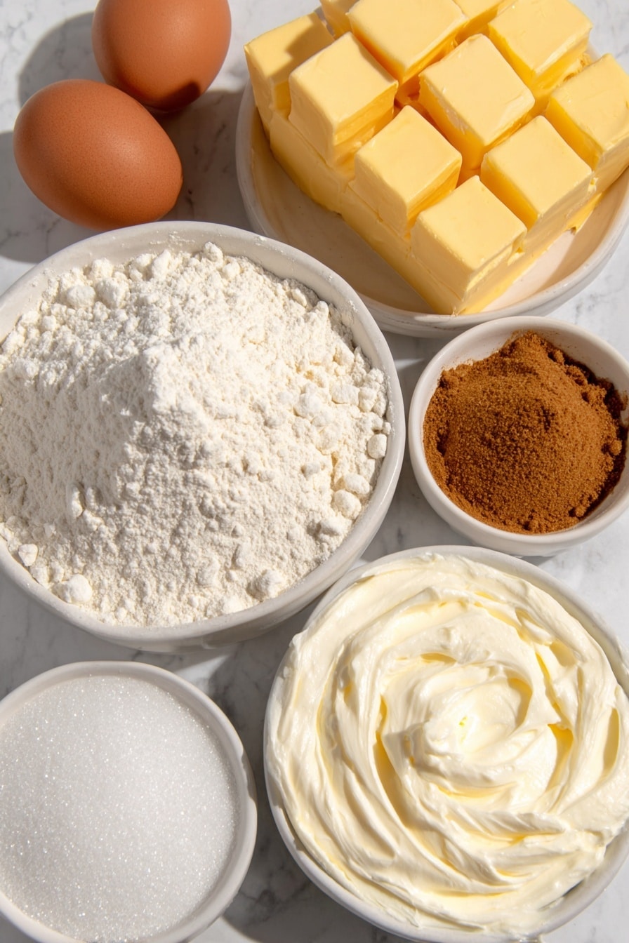 Flat lay of a small mound of all-purpose flour, a few whole brown eggs with clean shells, a small pile of white granulated sugar, a small pile of packed brown sugar, cubed unsalted butter, a white ceramic bowl of warm milk, a white ceramic bowl of warm eggnog, a small white bowl of ground cinnamon, a white ceramic bowl of sifted powdered sugar, a white ceramic bowl of smooth cream cheese, and a small white bowl of pure vanilla extract placed on a clean white marble surface, soft natural light, photo taken with an iPhone, professional food photography style, fresh ingredients, white ceramic bowls, no bottles, no duplicates, no utensils, no packaging --ar 2:3 --v 7 --p m7354615311229779997 - Eggnog Cinnamon Rolls with Cream Cheese Icing, holiday eggnog cinnamon roll recipe, festive cinnamon rolls with cream cheese frosting, soft eggnog cinnamon buns, holiday breakfast recipes