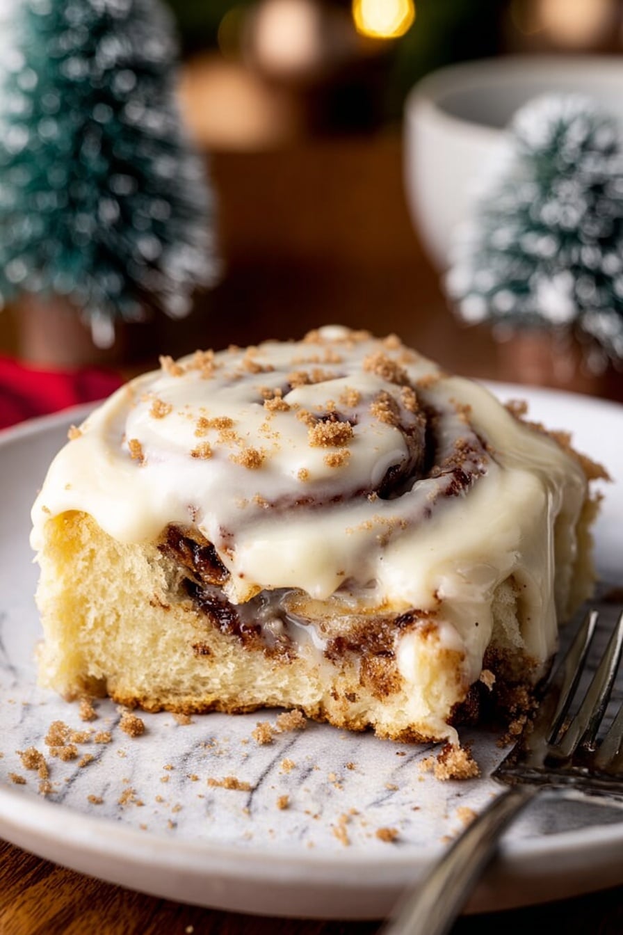 A single cinnamon roll with a thick layer of creamy white icing spread over the top, sprinkled with small brown crumbs. The roll shows a golden-brown dough base with dark cinnamon swirls visible around the sides and center. It sits on a white plate with a slightly textured rim, placed on a wooden surface. In the background, there are soft-focus miniature Christmas trees and festive decorations with red and green colors, creating a cozy holiday feel. A silver fork rests near the plate on the right side. photo taken with an iphone --ar 2:3 --v 7 - Eggnog Cinnamon Rolls with Cream Cheese Icing, holiday eggnog cinnamon roll recipe, festive cinnamon rolls with cream cheese frosting, soft eggnog cinnamon buns, holiday breakfast recipes