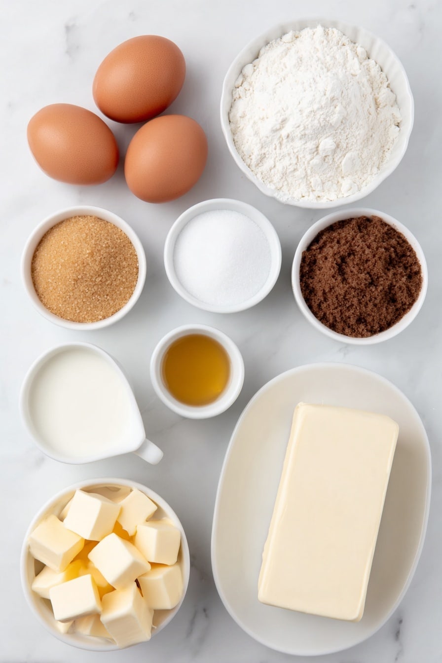 Flat lay of two brown eggs with smooth shells, a small white bowl of warm milk, a small white bowl of golden molasses, a small white bowl of packed brown sugar, a small white bowl of white granulated sugar, a small white bowl of creamy heavy cream, a small white bowl of powdered sugar, a small white bowl of amber browned butter with visible milk solids, cubes of pale unsalted butter, a small pile of all-purpose flour, a small pile of ground cinnamon, a small pile of ground ginger, a pinch of salt crystals, and a block of cream cheese with a creamy texture, all arranged symmetrically on a simple white ceramic surface, placed on a clean white marble surface, soft natural light, photo taken with an iPhone, professional food photography style, fresh ingredients, white ceramic bowls, no bottles, no duplicates, no utensils, no packaging --ar 2:3 --v 7 --p m7354615311229779997 - Gingerbread Cinnamon Rolls with Brown Butter Icing, festive gingerbread cinnamon rolls, holiday cinnamon roll recipe, spiced gingerbread rolls with cream cheese frosting, homemade gingerbread cinnamon buns