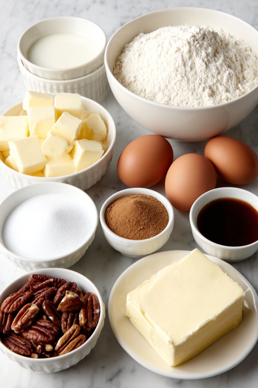 Flat lay of a small white ceramic bowl with warm milk, a small white ceramic bowl with active dry yeast granules, two whole brown eggs with clean shells, a simple white ceramic bowl filled with all-purpose flour, a small white ceramic bowl of white granulated sugar, a small white ceramic bowl of fine salt, cubed unsalted butter pieces arranged neatly on a white ceramic plate, a white ceramic bowl with softened unsalted butter, a white ceramic bowl holding packed light brown sugar, a small white ceramic bowl of ground cinnamon, a small white ceramic bowl containing amber maple syrup, a small white ceramic bowl with heavy cream, a small white ceramic bowl holding clear pure vanilla extract, a small white ceramic bowl of cornstarch, and a white ceramic plate with roughly chopped pecans, all arranged symmetrically and balanced with realistic proportions, placed on a clean white marble surface, soft natural light, photo taken with an iPhone, professional food photography style, fresh ingredients, white ceramic bowls, no bottles, no duplicates, no utensils, no packaging --ar 2:3 --v 7 --p m7354615311229779997 - Maple Pecan Sticky Buns, maple pecan sticky buns recipe, gooey cinnamon buns with pecans, homemade sticky bun recipe, breakfast sweet rolls with maple