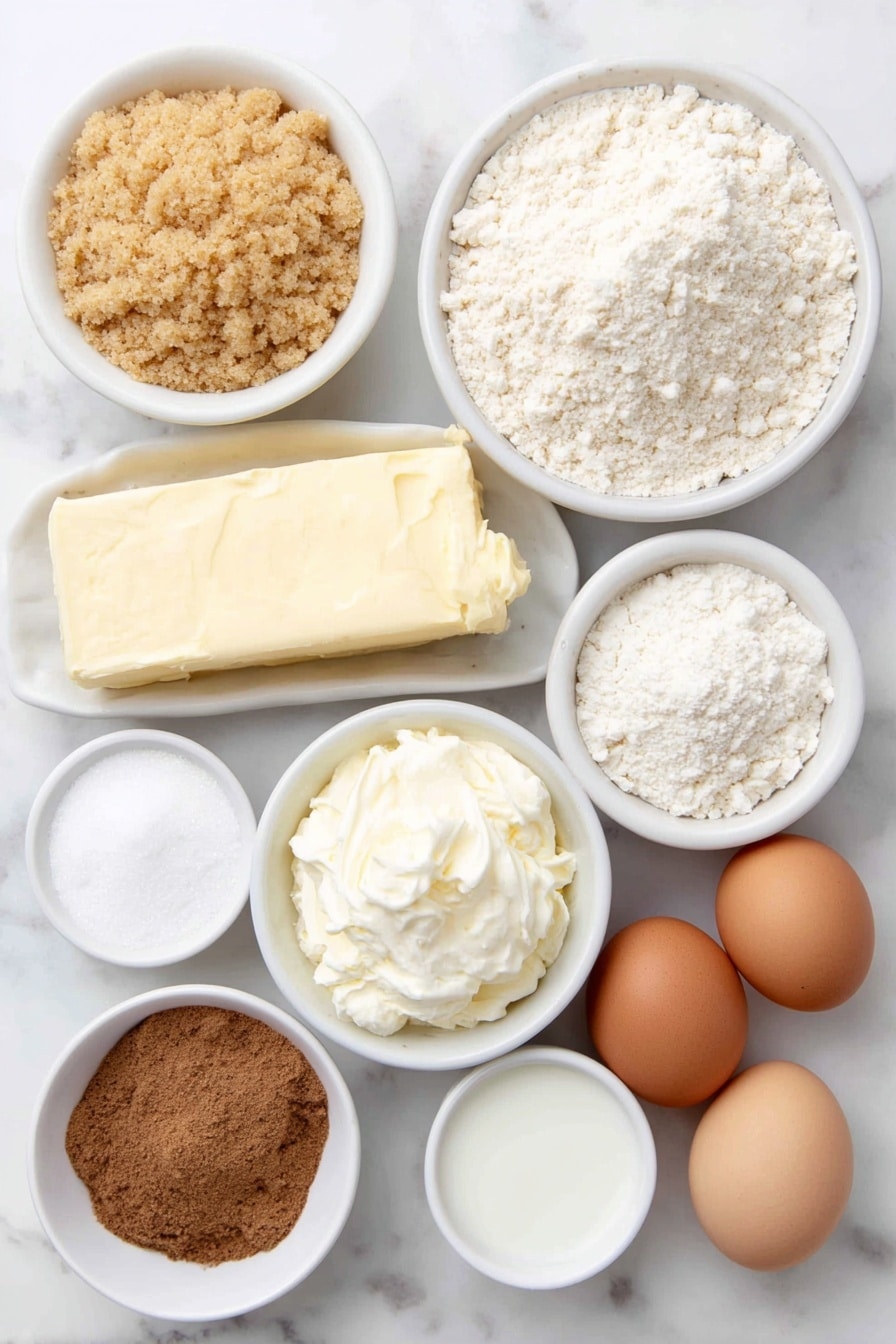 Flat lay of a small white ceramic bowl filled with fine graham cracker crumbs, a small white ceramic bowl containing light brown packed brown sugar, a small white ceramic bowl with melted unsalted butter, a smooth block of cream cheese, a small white ceramic bowl with white granulated sugar, a small white ceramic bowl holding thick sour cream, a small white ceramic bowl with heavy cream, a tiny white ceramic bowl with pure vanilla extract, four whole brown eggs with clean shells, a small white ceramic bowl of ground cinnamon, a small white ceramic bowl filled with all-purpose flour, another small white ceramic bowl with powdered sugar, and a small white ceramic bowl containing milk, all arranged symmetrically and balanced, placed on a clean white marble surface, soft natural light, photo taken with an iPhone, professional food photography style, fresh ingredients, white ceramic bowls, no bottles, no duplicates, no utensils, no packaging --ar 2:3 --v 7 --p m7354615311229779997 - Cinnamon Roll Cheesecake, cinnamon roll cheesecake recipe, best cinnamon roll cheesecake, homemade cinnamon roll cheesecake, easy cinnamon dessert