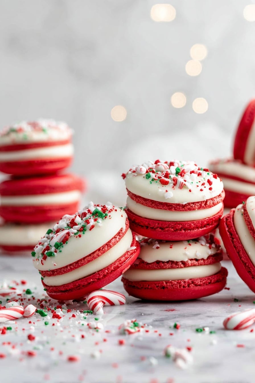 There are six red macarons lined up in a row on a white marbled surface. Each macaron has two bright red shells with a thick layer of smooth white filling in the middle. The white filling is topped with crushed red, green, and white candy pieces that add a festive touch. Some candy crumbs are scattered on the white marbled surface in front of the macarons. The background is soft and blurred with white shapes resembling snow-covered trees and soft glowing lights, creating a cozy, holiday feel. photo taken with an iphone --ar 2:3 --v 7 - Peppermint Macarons with White Chocolate Topping, Festive Macaron Recipes, Holiday Dessert Ideas, Mint Chocolate Macarons, Easy Macaron Recipes