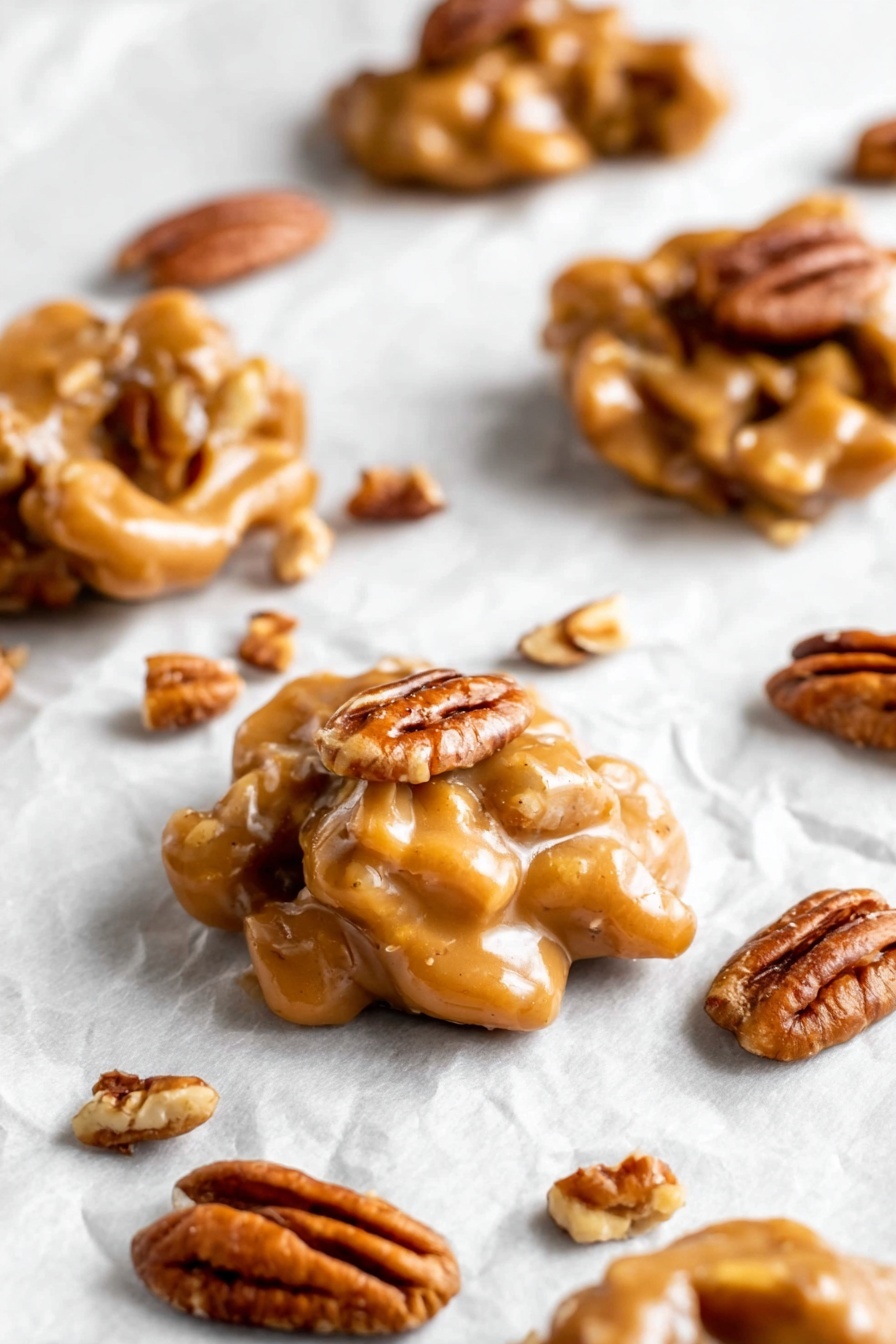 The image shows several small clusters of caramel-colored candy mixed with whole and broken pecans, scattered loosely on a white marbled textured surface covered with crinkled white parchment paper. Each candy piece has a shiny, smooth texture with a thick layer of caramel coating covering the nuts, and the clusters are unevenly shaped with some pecans clearly visible on top. Around the clusters, whole pecans and small nut pieces are spread randomly, adding a rustic look to the scene. The focus is on the front candy cluster, with a soft blur effect on the others in the background, giving a sense of depth. Photo taken with an iphone --ar 2:3 --v 7 - Easy Pecan Pralines, pecan pralines ingredients, homemade pecan candies, Southern pralines, how to make pralines