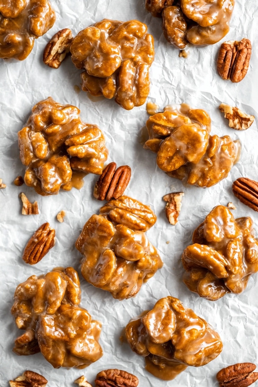 The image shows several small clusters of pecans coated in a shiny, light brown caramel layer. Each cluster has multiple pecan halves, some deeper brown and wrinkled, held together by the glossy caramel that gives a smooth texture over the nuts. Scattered whole pecans with a rich, reddish-brown color are placed around the clusters on a white marbled textured surface, creating a natural, rustic feel. The clusters and pecans are spread unevenly and close to each other with small caramel crumbs visible near them. photo taken with an iphone --ar 2:3 --v 7 - Easy Pecan Pralines, pecan pralines ingredients, homemade pecan candies, Southern pralines, how to make pralines