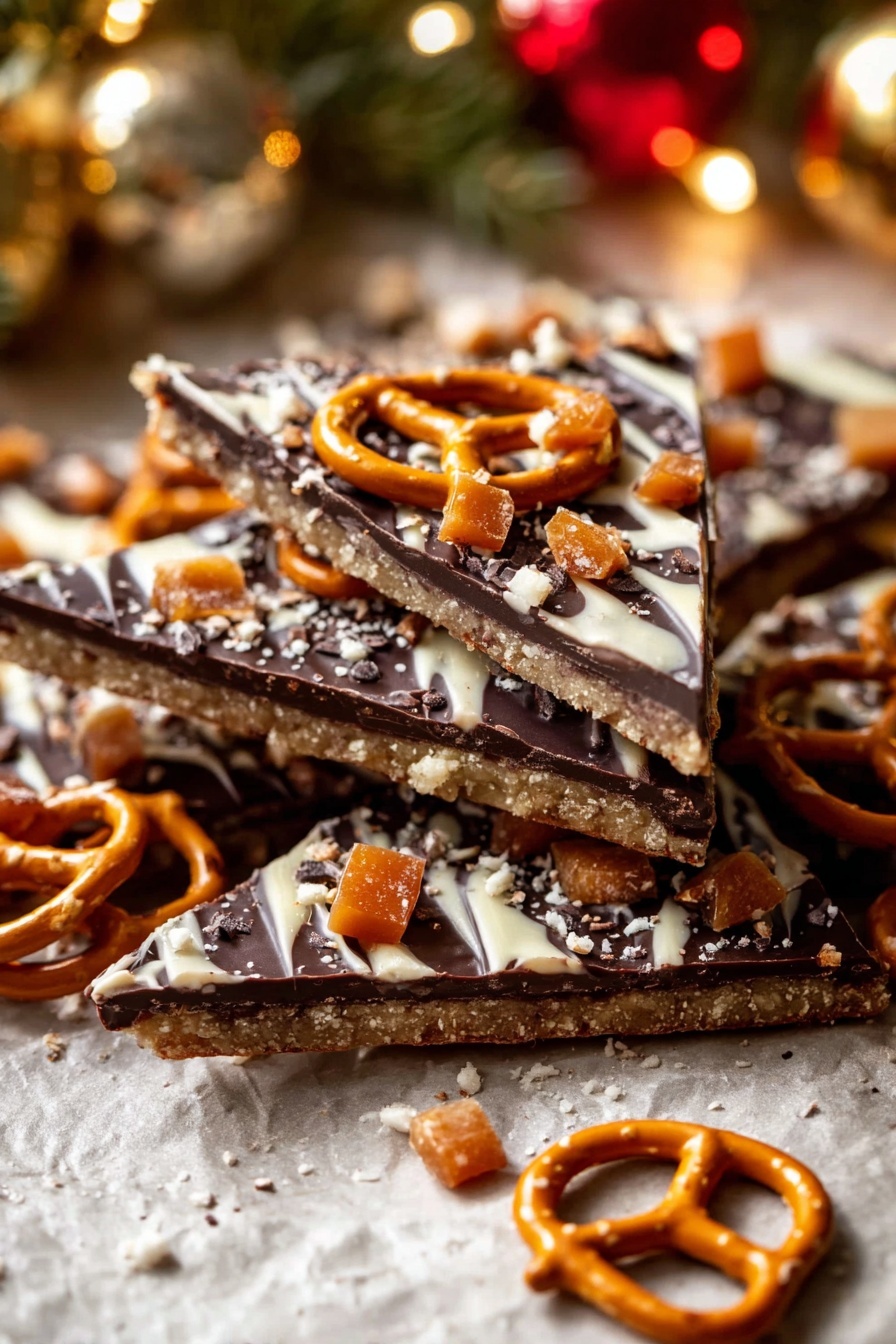 The image shows several triangular chocolate bark pieces stacked on each other, each one having three visible layers: a light brown bottom layer with a crumbly texture, a middle layer of dark chocolate topped with swirls of white chocolate, and on top, scattered small caramel bits and whole round pretzels with an orange-brown color. The chocolate bark pieces are placed on a light textured surface with a festive holiday look seen in out-of-focus decorations in the background. photo taken with an iphone --ar 2:3 --v 7 - Christmas Saltine Toffee Candy, holiday saltine cracker candy, easy holiday treats, buttery salty sweet candy, festive Christmas desserts