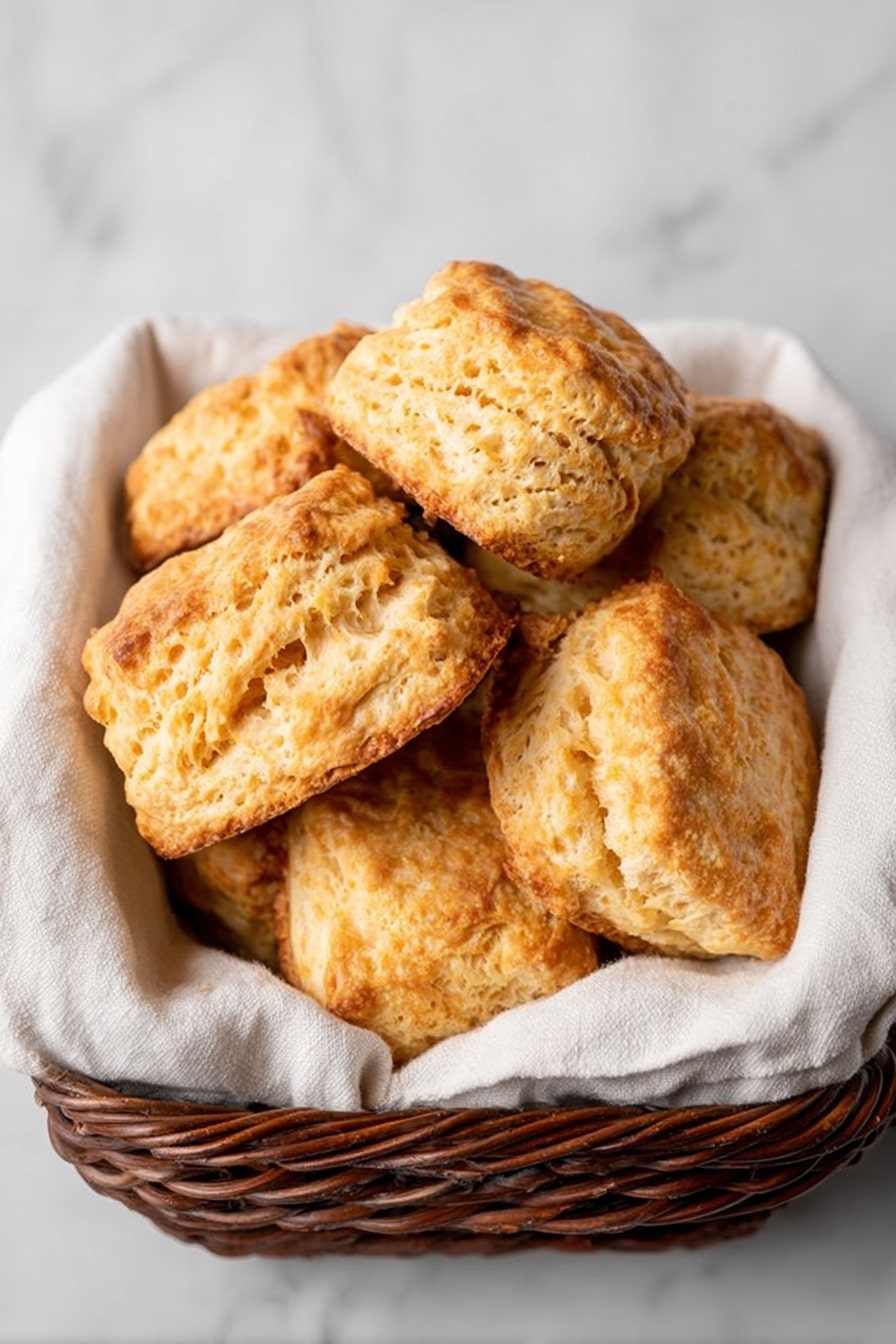The image shows a stack of three square biscuits with a golden-brown, flaky crust. Each biscuit has a layered texture visible from the sides, showing light yellow and tan colors with a slightly crisp bottom and airy interior. The biscuits are placed directly on a white marbled surface, with soft natural light coming from the side. In the blurred background, there is a woven basket with eggs, adding a warm, homey feel to the scene. The focus is sharp on the biscuits, highlighting their crumbly texture and light color contrasts photo taken with an iphone --ar 2:3 --v 7 - Cheddar Cornmeal Biscuits, cheesy cornmeal biscuits, easy biscuit recipe, savory breakfast biscuits, crispy cornmeal biscuits