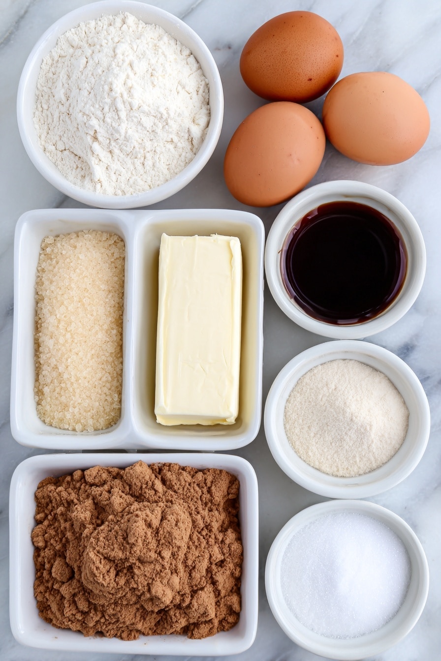 Flat lay of a small mound of all-purpose flour, a neat pile of golden brown granulated sugar, two whole uncracked brown eggs, a rectangular slab of unsalted butter at room temperature, a small white ceramic bowl with dark amber molasses, a small white bowl of cold water, a small white bowl filled with fine confectioners’ sugar, a small white bowl containing whole milk, a heap of warm brown ground ginger, a small pile of cinnamon powder, a pinch of salt arranged as fine crystals, and a small white bowl with vanilla bean powder, all arranged symmetrically and balanced on a clean white marble surface, soft natural light, photo taken with an iPhone, professional food photography style, fresh ingredients, white ceramic bowls, no bottles, no duplicates, no utensils, no packaging --ar 2:3 --v 7 --p m7354615311229779997 - Gingerbread Muffins with Vanilla Glaze, cozy gingerbread muffins, spiced muffin recipes, holiday breakfast treats, moist gingerbread muffins