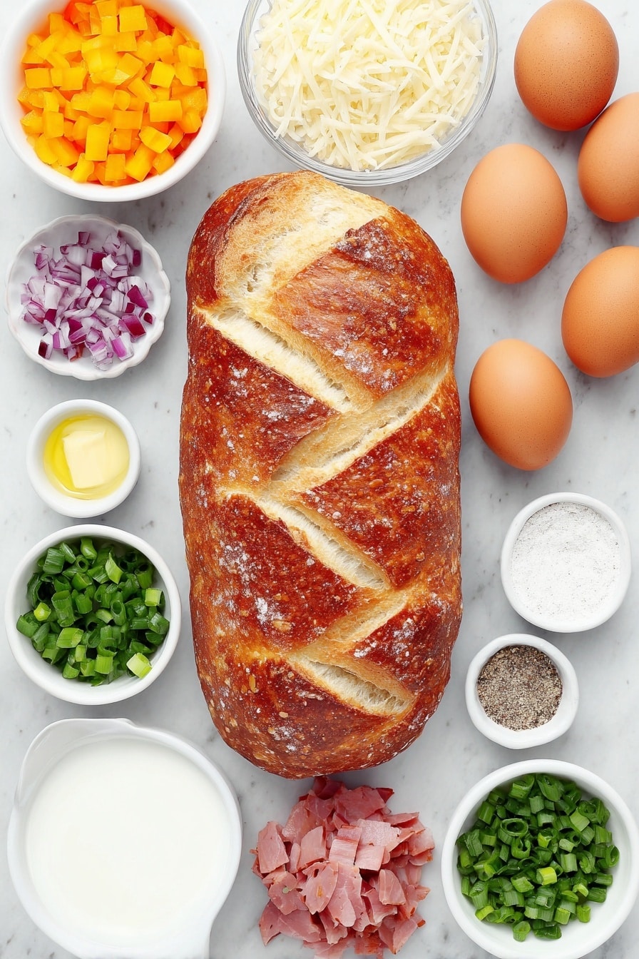 Flat lay of a large loaf of rustic French bread cut into thick pieces, a medium red bell pepper diced, a small pile of finely chopped cooked ham, a small white bowl filled with shredded Parmesan cheese, ten whole brown eggs with clean shells arranged neatly, a small white bowl of whole milk, a small white bowl with smooth Dijon mustard, a small pile of fresh green onions finely chopped, and tiny white bowls each with garlic powder, salt, and ground black pepper, all arranged symmetrically on a clean white ceramic surface, placed on a clean white marble surface, soft natural light, photo taken with an iPhone, professional food photography style, fresh ingredients, white ceramic bowls, no bottles, no duplicates, no utensils, no packaging --ar 2:3 --v 7 --p m7354615311229779997 - Cheesy Ham Breakfast Strata, Breakfast Strata, Ham and Cheese Casserole, Make-Ahead Breakfast Recipes, Hearty Brunch Ideas
