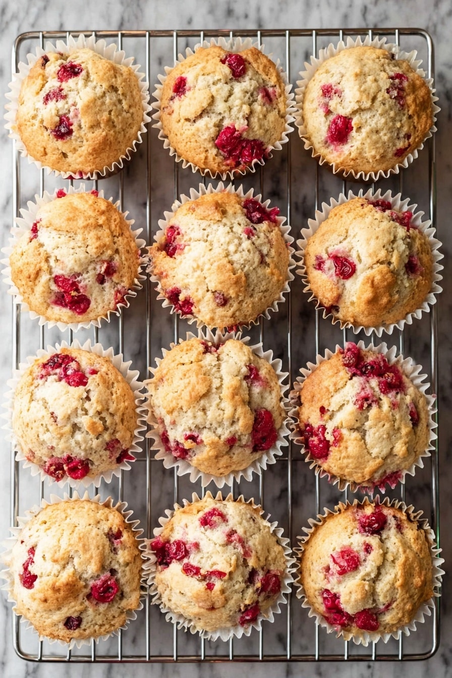 Three muffins stacked on top of each other, each in white paper liners showing soft, light brown tops with a crumbly texture and red berry pieces inside the muffins. The muffins have red berries scattered within the cakes and a few loose red berries around the base on a wooden board. The background and surface show a white marbled texture softly blurred in the distance. Photo taken with an iphone --ar 2:3 --v 7 - Cranberry Yogurt Muffins, cranberry muffins, yogurt muffins, healthy breakfast muffins, easy cranberry muffin recipe