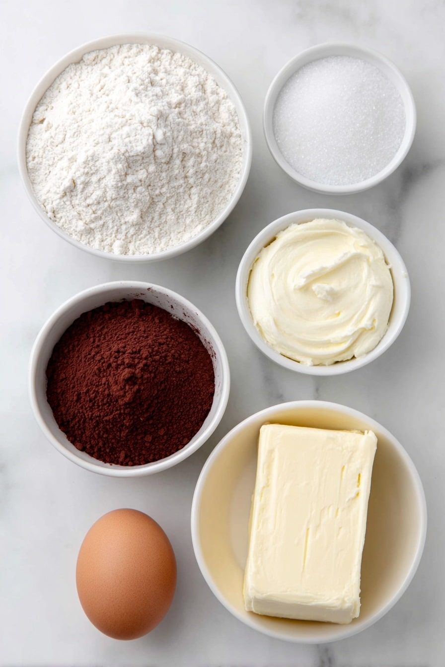 Flat lay of a small mound of all-purpose flour, a small white ceramic bowl of unsweetened cocoa powder, a small white ceramic bowl with baking powder, another small white ceramic bowl with salt, a round pat of unsalted butter softened and smooth, a small white ceramic bowl filled with granulated sugar, one whole uncracked brown egg, a small white ceramic bowl containing vanilla extract, placed on a clean white marble surface, soft natural light, photo taken with an iPhone, professional food photography style, fresh ingredients, white ceramic bowls, no bottles, no duplicates, no utensils, no packaging --ar 2:3 --v 7 --p m7354615311229779997 - Chocolate Sugar Cookies, chocolate sugar cookies recipe, soft chocolate cookies, homemade chocolate cookies, easy sugar cookie recipe