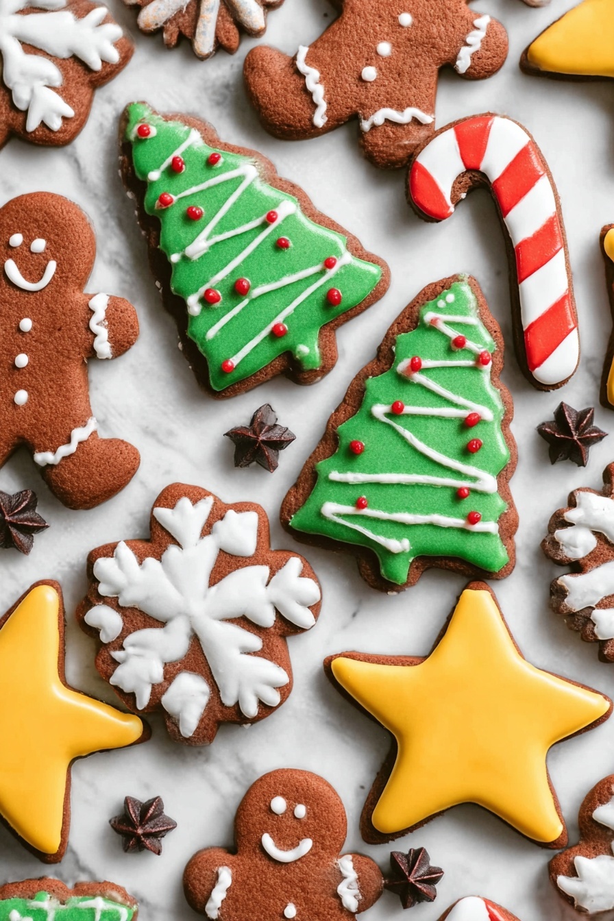 A white plate holds a mix of decorated Christmas cookies on crinkled white parchment paper, placed on a white marbled surface. There are three green Christmas tree cookies with white icing lines and red dots, two bright yellow star-shaped cookies, white snowflake cookies with detailed icing patterns, two red and white striped candy cane cookies, a brown gingerbread man with white icing smiling face and buttons, and a few plain brown star cookies. A metal star-shaped cookie cutter and a red icing bag with white icing at the tip rest near the plate. photo taken with an iphone --ar 2:3 --v 7 - Chocolate Sugar Cookies, chocolate sugar cookies recipe, soft chocolate cookies, homemade chocolate cookies, easy sugar cookie recipe
