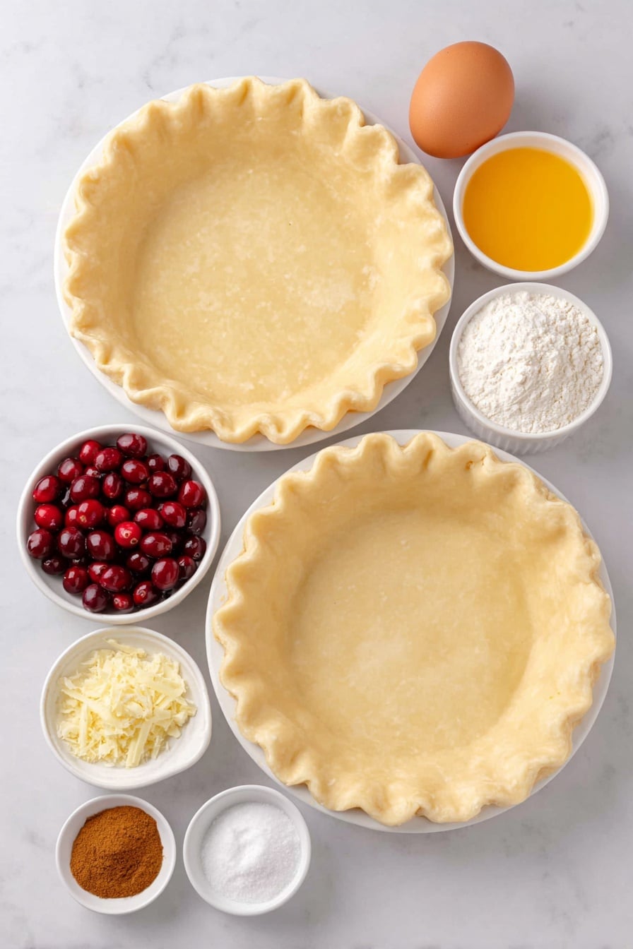Flat lay of two unbaked 9-inch pie crusts with golden edges placed side by side, a small cluster of bright red fresh cranberries scattered loosely, a small white ceramic bowl filled with fine white sugar, a small white bowl holding freshly squeezed vibrant orange juice, a fresh whole orange beside a small white bowl containing bright orange zest, a small white bowl of white cornstarch powder, a small white bowl of pale all-purpose flour, a small white bowl with warm brown ground ginger powder, another small white bowl with reddish-brown cinnamon powder, a tiny white bowl with greenish cardamom powder, a small white bowl with coarse white salt, a whole large brown egg with smooth shell next to a small white bowl of clear vanilla extract, and a small white bowl with coarse white sugar grains for sprinkling — all carefully arranged in perfect symmetry with realistic proportions, placed on a clean white marble surface, soft natural light, photo taken with an iPhone, professional food photography style, fresh ingredients, white ceramic bowls, no bottles, no duplicates, no utensils, no packaging --ar 2:3 --v 7 --p m7354615311229779997 - Best Cranberry Pie, Cranberry Pie recipe, festive cranberry pie, easy cranberry pie, holiday dessert recipes