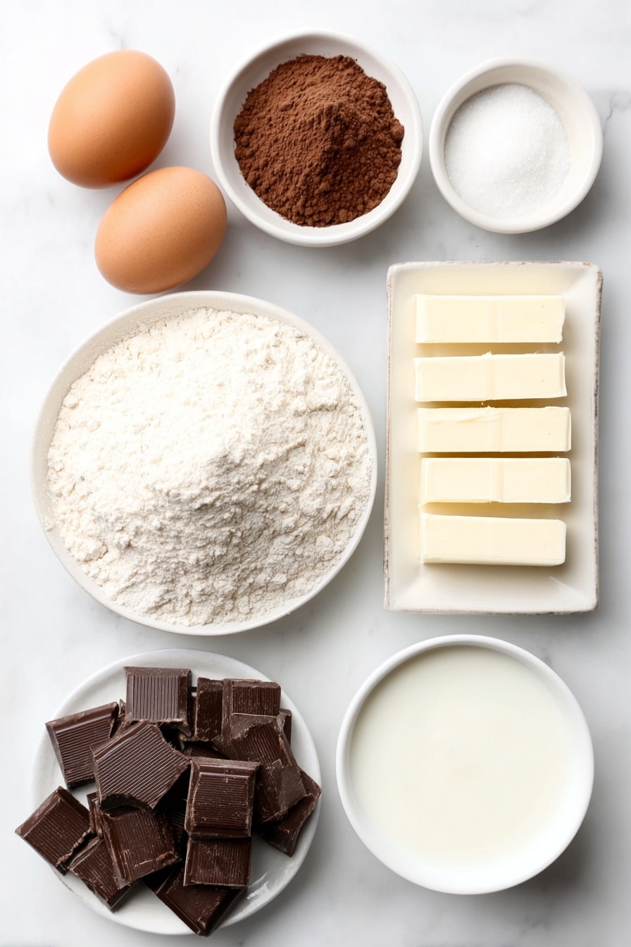 Flat lay of a small mound of whole wheat flour on a simple white ceramic plate, a small heap of granulated sugar beside it, a white ceramic bowl filled with Dutch cocoa powder, a few specks of baking powder in a tiny white ceramic bowl, three sticks of unsalted butter arranged neatly, two large whole brown eggs with uncracked shells, a small white ceramic bowl of clear vanilla extract, a white ceramic bowl holding creamy whole milk Greek yogurt, a separate white ceramic bowl containing boiling water with visible steam, and a scattering of assorted chocolate chunks on a plain white ceramic plate, all arranged in perfect symmetry, placed on a clean white marble surface, soft natural light, photo taken with an iPhone, professional food photography style, fresh ingredients, white ceramic bowls, no bottles, no duplicates, no utensils, no packaging --ar 2:3 --v 7 --p m7354615311229779997 - Double Chocolate Loaf Cake, chocolate loaf cake, easy chocolate cake recipe, moist chocolate cake, quick chocolate dessert