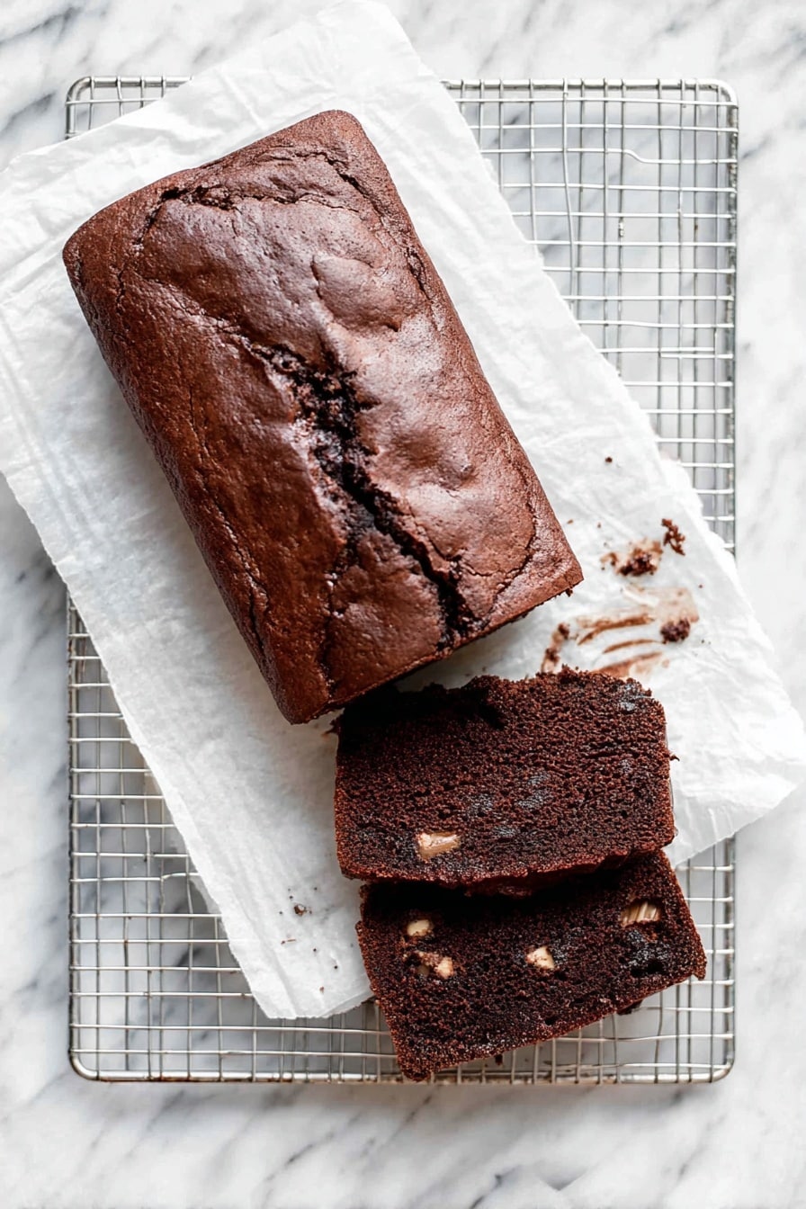 Two pieces of chocolate cake are stacked on a white marbled surface. The bottom piece is a thick, moist square with a dark brown, slightly crumbly texture. The top piece is smaller and placed at an angle, showing a smooth, dense interior with bits of melted chocolate visible. The background is softly blurred, keeping the focus on the rich chocolate cake. photo taken with an iphone --ar 2:3 --v 7 - Double Chocolate Loaf Cake, chocolate loaf cake, easy chocolate cake recipe, moist chocolate cake, quick chocolate dessert