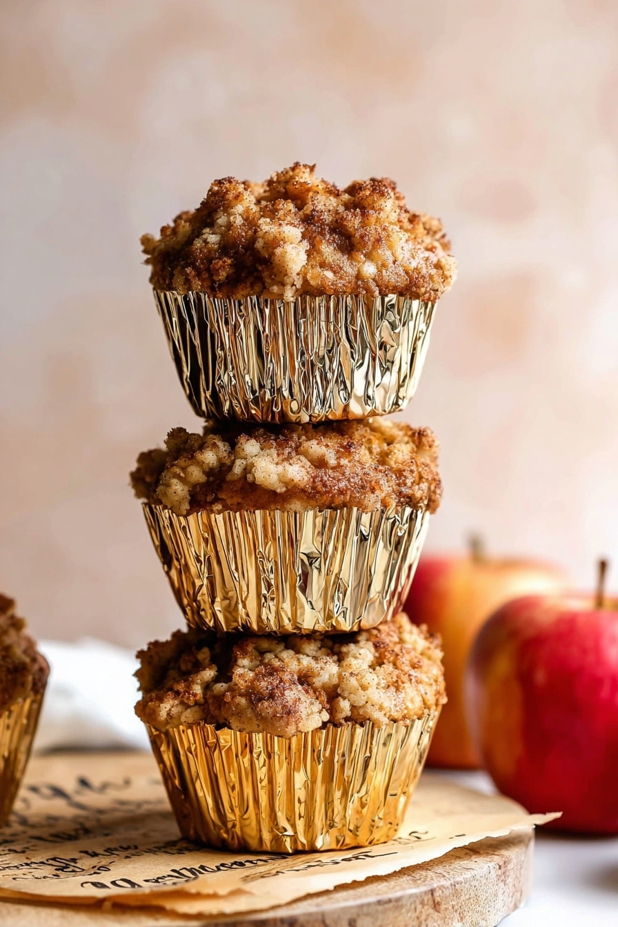 The image shows a close-up of a single muffin in a textured golden liner filled with a crumbly, light brown topping that looks crunchy. The muffin has darker brown parts beneath the topping, giving it a layered look with a rough and uneven surface. It is placed on a piece of white paper with handwritten text, which lies on a white marbled cutting board with a wooden handle visible. In the background, there are more muffins in similar golden liners and a white fluted bowl with oatmeal flakes, all placed on a white marbled surface. The lighting is soft and natural, highlighting the texture of the muffins and toppings clearly. photo taken with an iphone --ar 2:3 --v 7 - Cinnamon Apple Oatmeal Muffins, healthy breakfast muffins, apple oatmeal muffins, cinnamon muffin recipes, easy apple muffins