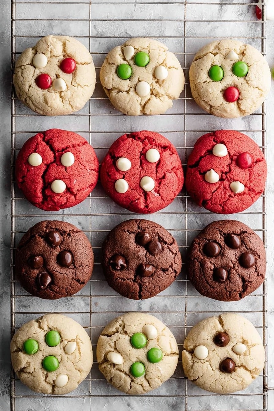 The image shows three rows of four round cookies each, placed on a silver cooling rack over a white marbled surface. The top row has light beige cookies with cracks and three red and green candy pieces scattered on top, giving a cracked and slightly crumbled look. The second row features vibrant red cookies with a soft texture, each dotted with several white chocolate chips. The third row has deep brown cookies with a cracked surface, decorated with dark chocolate chips spaced out across each cookie. The bottom row repeats the light beige cookies with similar red and green candy pieces on top, showing some cracks and small texture details. photo taken with an iphone --ar 2:3 --v 7 - Cake Mix Cookies with Add-Ins, easy cake mix cookie recipes, customizable cookies with add-ins, chewy cake mix cookies, quick dessert recipes