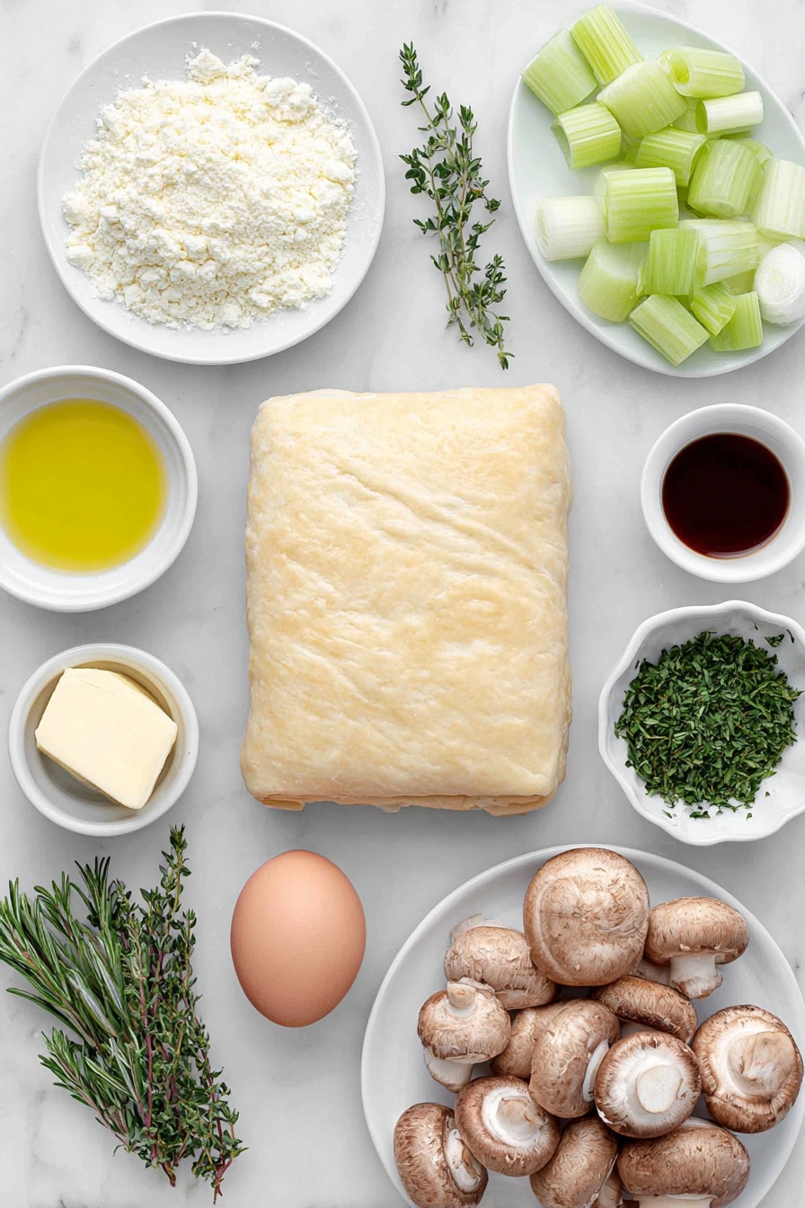 Flat lay of a smooth, unrolled sheet of golden puff pastry on a simple white ceramic plate, a small white bowl of pale yellow avocado oil, a small white bowl with a pat of creamy butter, a medium onion with shiny white and purple layers diced finely on a white ceramic dish, three plump garlic cloves minced beside the onion, two bright orange peeled and diced carrots arranged neatly on a white plate, two fresh celery stalks with crisp green leaves diced on another white ceramic plate, a few sprigs of fresh green thyme finely chopped in a small white bowl, a few sprigs of fresh rosemary finely chopped on a white dish, a pile of fresh, earthy cremini mushrooms in varying sizes=