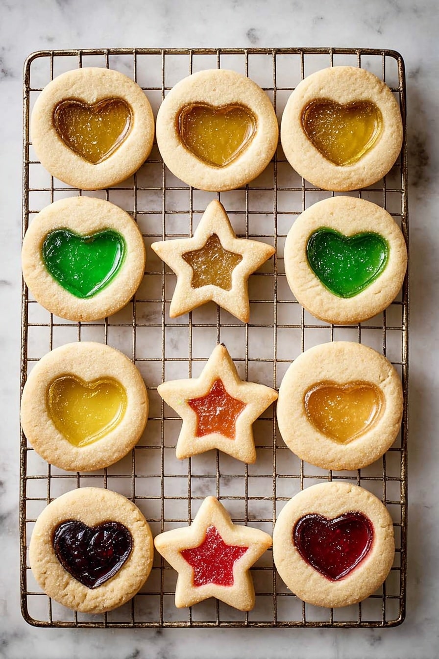 The image shows a stack of round cookies with a light beige color on a white marbled surface. The top cookie in the stack has a heart-shaped cutout in the center filled with a translucent, amber-colored candy layer that looks smooth and slightly shiny. The stack contains about five cookies, each with a consistent thickness and soft texture. In the foreground, leaning against the stack, is one cookie clearly showing the heart-shaped candy center, while to the left, another cookie with a smaller circular hole is partially visible. The background is plain and soft, focusing attention on the cookies. Photo taken with an iphone --ar 2:3 --v 7 - Stained Glass Cookie, colorful candy cookies, easy holiday cookies, homemade cookie ideas, festive cookie recipes