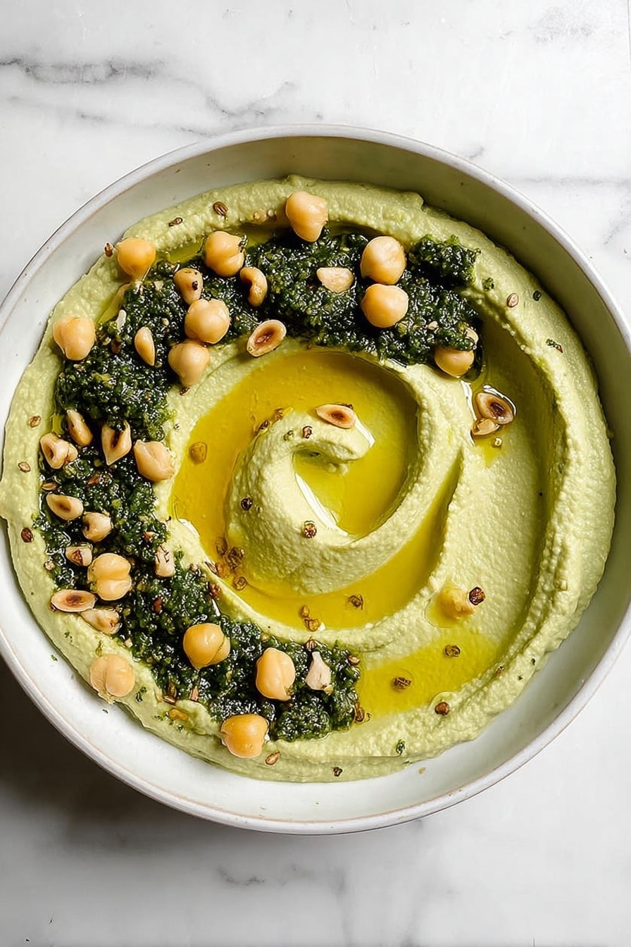 A white plate holds a smooth green hummus spread in a thick swirl covering most of the plate, topped with a glossy layer of yellow olive oil pooling in the middle and around the edges. On top of the hummus and olive oil, there are scattered whole beige chickpeas and creamy beige pine nuts. There are also dark green dollops of a chunky pesto sauce placed in a circular pattern on the hummus. The plate is placed on a white marbled surface. photo taken with an iphone --ar 2:3 --v 7 - Creamy Pesto Hummus Dip, pesto hummus dip, easy hummus recipes, healthy appetizer dips, flavorful dip recipes
