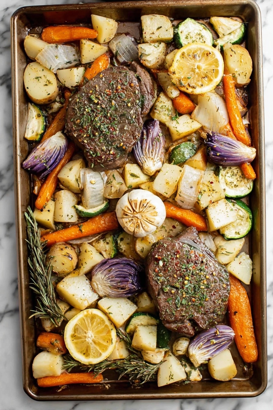 The image shows a baking tray filled with five dark brown seasoned lamb chops scattered across a base layer of mixed vegetables. The vegetables include pale yellow cubed potatoes, orange carrot slices, green zucchini rounds, and light yellow onion rings. There are also halved garlic bulbs with visible cloves and two lemon halves placed near the center. Sprigs of fresh green rosemary are spread evenly on top and between the vegetables and meat. The tray is placed on a white marbled surface. Photo taken with an iphone --ar 2:3 --v 7 - Oven-Roasted Lamb Chops with Vegetables, Lamb Chops with Vegetables, Roasted Lamb Dinner, Easy Lamb Chops Recipe, Juicy Lamb Chops and Vegetables
