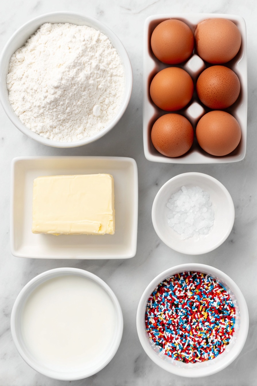 Flat lay of a small mound of fine cake flour, a white ceramic bowl with smooth baking powder, a few coarse kosher salt crystals scattered beside it, a soft block of unsalted butter, a white ceramic bowl filled with granulated sugar sparkling in the light, five large whole brown eggs with clean shells arranged neatly, a small white ceramic bowl of clear vanilla extract, a white ceramic bowl holding creamy buttermilk, and a small white ceramic bowl brimming with vibrant multicolored round sprinkles, all placed on a clean white marble surface, soft natural light, photo taken with an iPhone, professional food photography style, fresh ingredients, white ceramic bowls, no bottles, no duplicates, no utensils, no packaging --ar 2:3 --v 7 --p m7354615311229779997 - Funfetti Cupcake, colorful cupcake recipe, easy festive cupcakes, moist birthday cupcakes, cheerful party treats