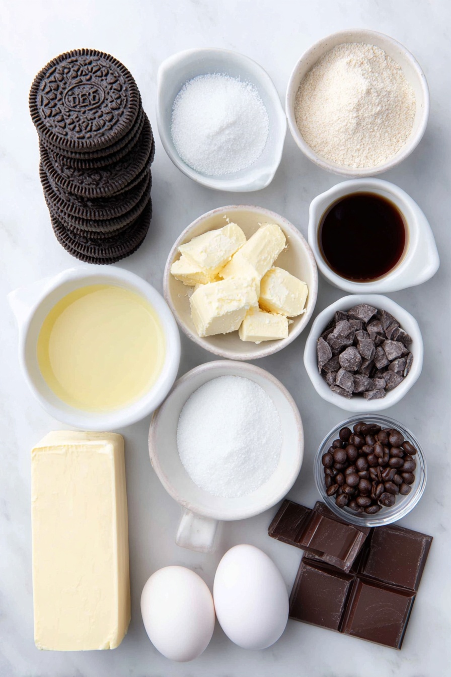 Flat lay of a stack of Oreo cookies, a small white bowl of melted unsalted butter, a small white bowl of heavy whipping cream, a small white bowl of Bailey’s liquor, a small white bowl of strong brewed coffee, a small pile of white chocolate chunks, two blocks of cream cheese with smooth surfaces, a small white bowl of granulated sugar, a small white bowl of cornstarch, a small white bowl of sour cream, a small white bowl of vanilla extract, three whole large eggs with clean shells, a small pile of dark chocolate chunks, a small white bowl of powdered sugar, a small white bowl of espresso powder, and a small pile of dark chocolate espresso beans placed on a clean white marble surface, soft natural light, photo taken with an iPhone, professional food photography style, fresh ingredients, white ceramic bowls, no bottles, no duplicates, no utensils, no packaging --ar 2:3 --v 7 --p m7354615311229779997 - Bailey’s White Chocolate Cheesecake, white chocolate cheesecake with Bailey’s, boozy white chocolate dessert, indulgent cheesecake recipes, holiday cheesecake ideas