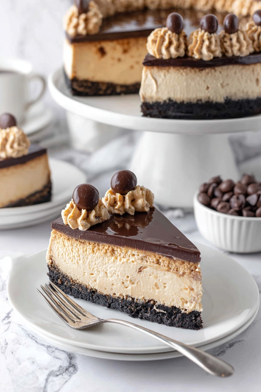 A slice of cheesecake sits on a white plate, showing three clear layers: a dark, crumbly base at the bottom; a thick, creamy beige middle layer; and a smooth, dark chocolate top layer with a glossy finish. The edge of the slice is decorated with beige cream swirls, each topped with a shiny, round chocolate piece. A silver fork rests beside the slice on the plate. In the background, a larger cheesecake with the same layers and decoration is on a white cake stand, while a white bowl filled with dark chocolate pieces is also visible. The surface under everything is white with a marbled texture. Photo taken with an iphone --ar 2:3 --v 7 - Bailey’s White Chocolate Cheesecake, white chocolate cheesecake with Bailey’s, boozy white chocolate dessert, indulgent cheesecake recipes, holiday cheesecake ideas