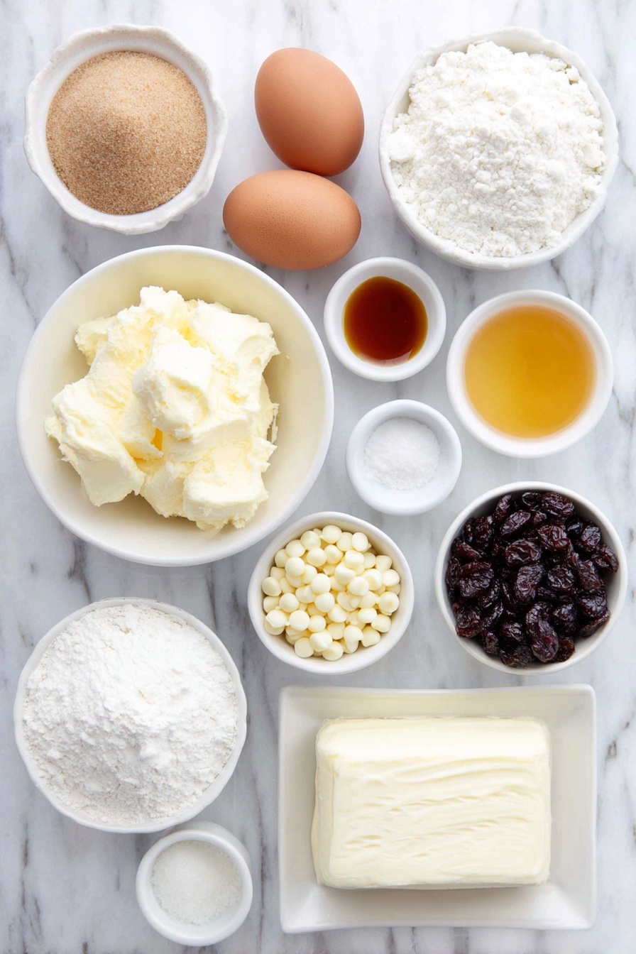 Flat lay of a small mound of melted unsalted butter in a simple white ceramic bowl, light brown sugar heaped in a white bowl, two whole uncracked brown eggs, a small white bowl of vanilla extract, a small white bowl of orange extract, a small white bowl of ground ginger powder, a small white bowl of baking powder, a small white bowl of kosher salt, a small white bowl filled with all-purpose flour, a small white bowl of white chocolate chips, a small white bowl of whole dried cranberries, a block of cream cheese on a white ceramic plate, a small white bowl of powdered sugar, a small white bowl of finely chopped dried cranberries, a small white bowl with melted white chocolate, all arranged in perfect symmetry and balanced proportions, placed on a clean white marble surface, soft natural light, photo taken with an iPhone, professional food photography style, fresh ingredients, white ceramic bowls, no bottles, no duplicates, no utensils, no packaging --ar 2:3 --v 7 --p m7354615311229779997 - Cranberry White Chocolate Bliss Bars, festive cranberry white chocolate bars, easy holiday bar recipe, sweet tangy white chocolate bars, Christmas dessert bars