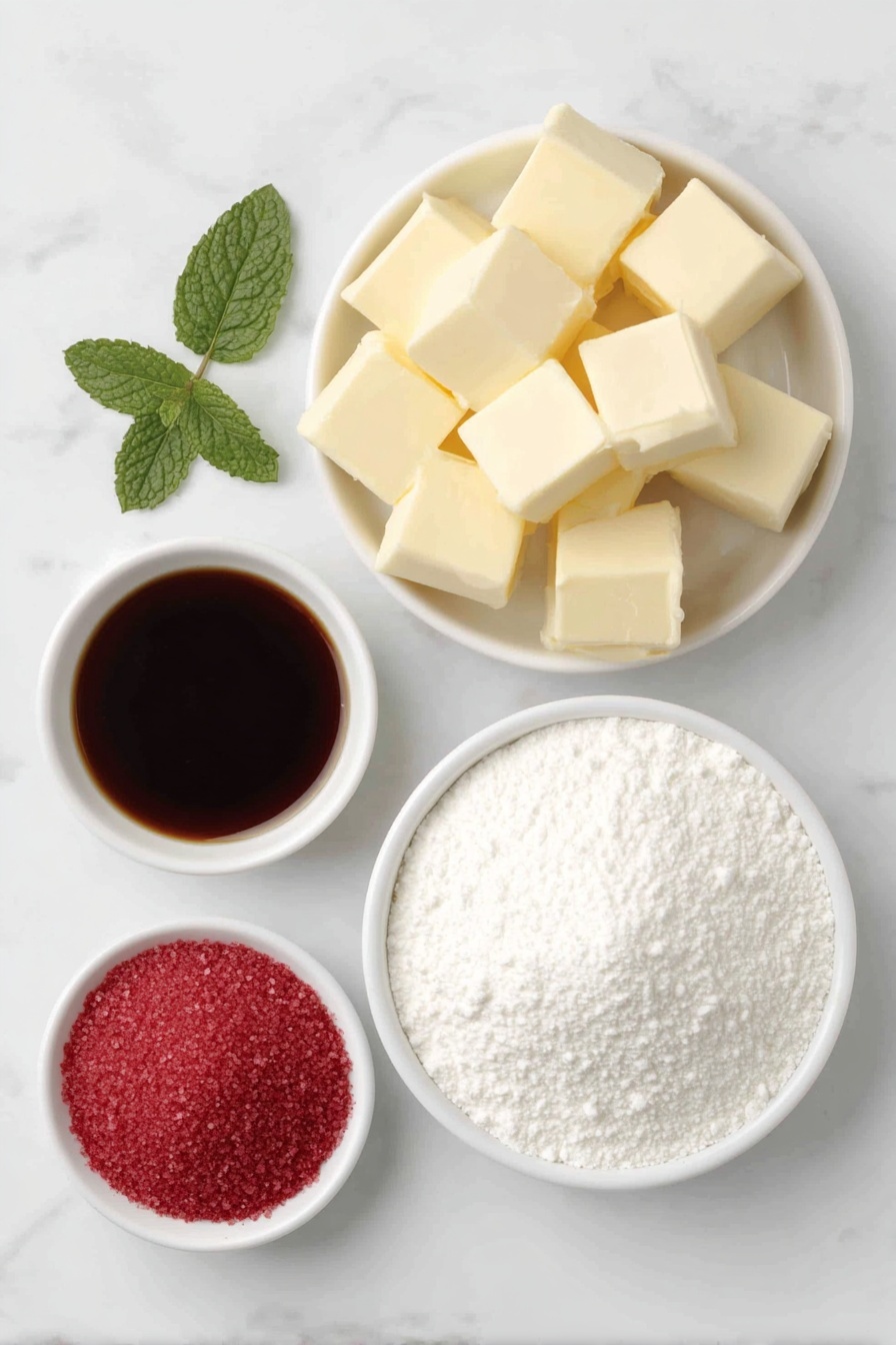 Flat lay of a small pile of unsalted butter cubes, a few fresh mint leaves arranged neatly, a small white bowl filled with glossy light corn syrup, a small white bowl heaped with fine white powdered sugar, and a small white bowl containing vibrant pink strawberry gelatin powder, all ingredients balanced symmetrically in an inviting composition placed on a clean white marble surface, soft natural light, photo taken with an iPhone, professional food photography style, fresh ingredients, white ceramic bowls, no bottles, no duplicates, no utensils, no packaging --ar 2:3 --v 7 --p m7354615311229779997 - Strawberry Mint Candies, Strawberry Mint Candies, homemade strawberry candies, mint flavored candies, easy fruit candies