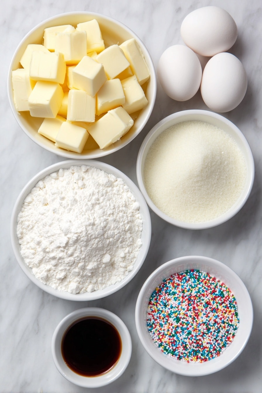Flat lay of a small pile of cold, diced salted butter cubes, a simple white ceramic bowl filled with granulated sugar, a few whole uncracked brown eggs, a small white ceramic bowl holding pale ivory all-purpose flour, a tiny white ceramic bowl with delicate multicolored nonpareils sprinkles, and a small white ceramic bowl containing clear almond extract liquid, all arranged in perfect symmetry and realistic proportions, placed on a clean white marble surface, soft natural light, photo taken with an iPhone, professional food photography style, fresh ingredients, white ceramic bowls, no bottles, no duplicates, no utensils, no packaging --ar 2:3 --v 7 --p m7354615311229779997 - Funfetti Shortbread Bites, colorful sprinkles shortbread, easy festive cookies, buttery crumbly treats, holiday party desserts