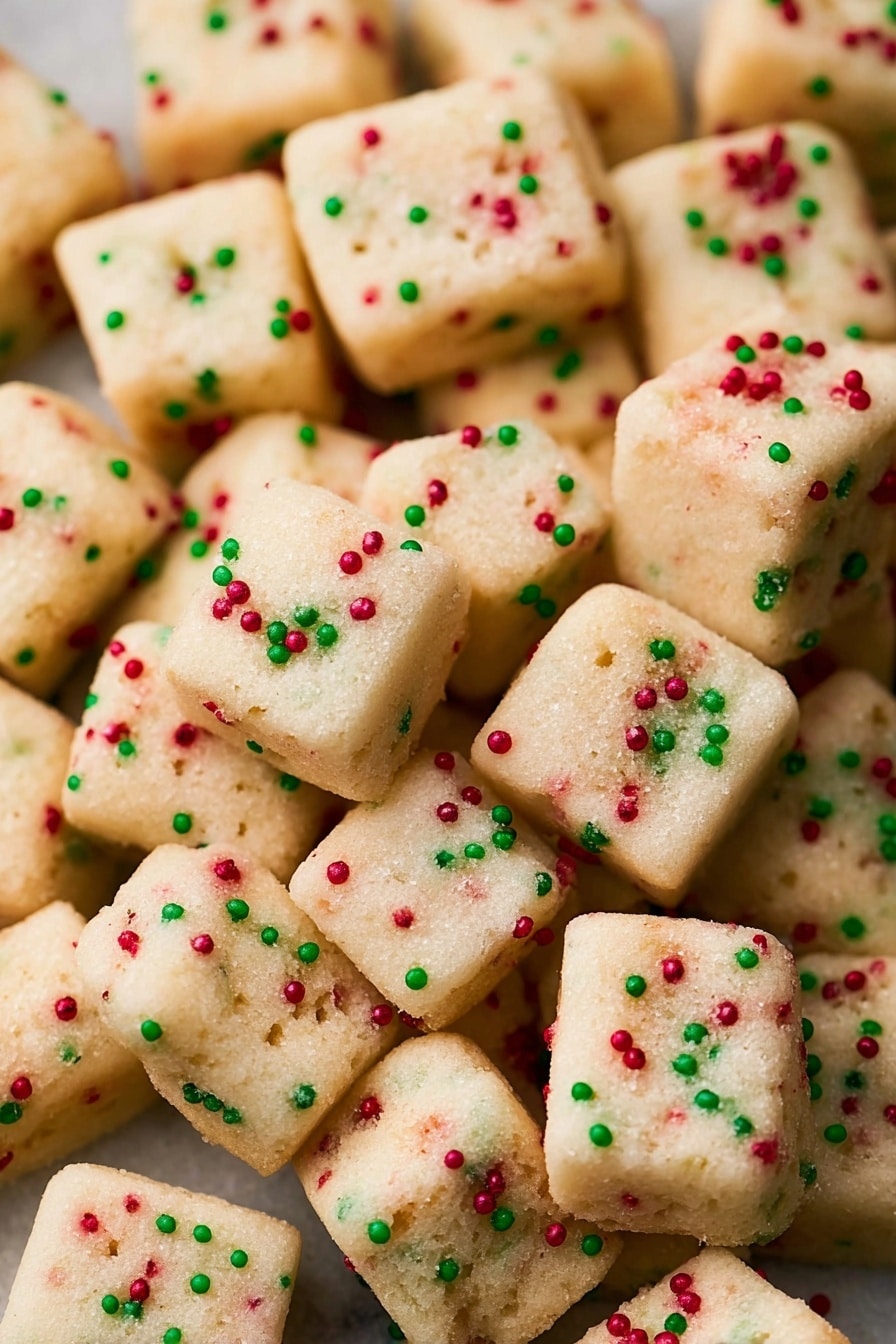 The image shows many small square cookies with soft beige color as the main layer. Each cookie is dotted with tiny round sprinkles in red, green, and white, scattered randomly on the surface and slightly inside. The cookies are stacked close together, filling the whole frame, showing a slightly rough and crumbly texture. The background is a white marbled surface. photo taken with an iphone --ar 2:3 --v 7 - Funfetti Shortbread Bites, colorful sprinkles shortbread, easy festive cookies, buttery crumbly treats, holiday party desserts