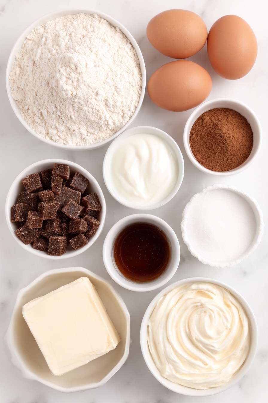 Flat lay of a small mound of all-purpose flour, two whole brown eggs with clean shells, a small white bowl of milk, a small white bowl of sour cream, a small white bowl of melted unsalted butter, a handful of dark brown sugar crystals loosely piled, a small white bowl of shiny unsulphured molasses, a small white bowl containing a blend of ground cinnamon, ground ginger, ground nutmeg, ground cloves, a small white bowl of powdered sugar, a small white bowl of softened cream cheese, a small white bowl of softened unsalted butter, and a small white bowl of vanilla extract placed on a clean white marble surface, soft natural light, photo taken with an iPhone, professional food photography style, fresh ingredients, white ceramic bowls, no bottles, no duplicates, no utensils, no packaging --ar 2:3 --v 7 --p m7354615311229779997 - Gingerbread Waffles with Cream Cheese Glaze, gingerbread waffle recipe, spiced holiday waffles, cozy breakfast waffles, easy gingerbread waffles