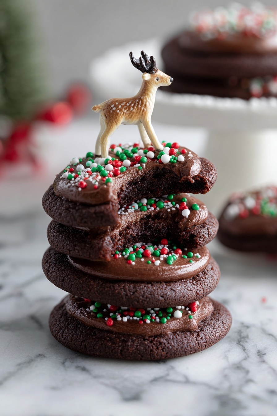A white plate holds a pile of dark brown chocolate cookies, each topped with a smooth layer of shiny chocolate frosting that has a swirled texture. Small red, green, and white round sprinkles are scattered evenly over the frosting. The cookies are thick and slightly cracked on the edges, stacked unevenly on a white marbled surface. Photo taken with an iphone --ar 2:3 --v 7 - Andes Mint Cookies, Mint Chocolate Cookies, Easy Mint Cookies, Holiday Cookie Recipes, Chocolate Mint Desserts