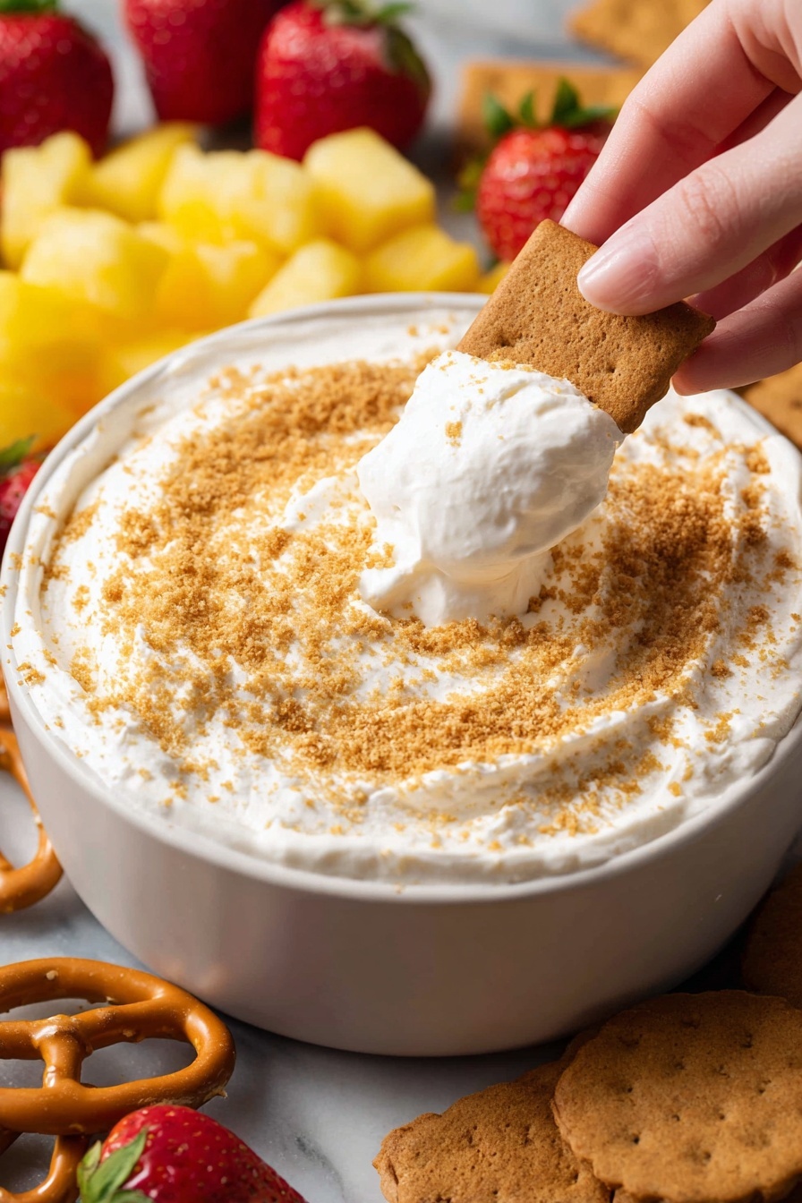 A white bowl filled with a creamy, white whipped dip topped with a layer of finely crushed golden brown crumbs. A woman's hand is dipping a rectangular golden brown graham cracker into the smooth, fluffy dip, lifting a thick dollop of the creamy texture. Around the bowl, there are scattered whole pretzels, bright yellow pineapple chunks, red strawberries, and several more golden brown graham crackers on a white marbled surface. Photo taken with an iphone --ar 2:3 --v 7 - Cream Cheese Cheesecake Dip, easy cheesecake dip, no-bake dessert, quick party dip, creamy sweet dip