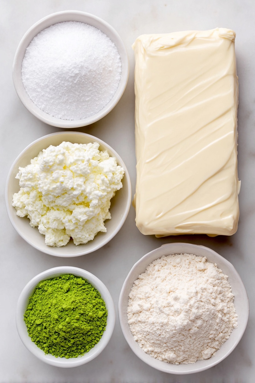Flat lay of a smooth slab of salted butter, a small white ceramic bowl filled with fine powdered sugar, a small white ceramic bowl holding vibrant green matcha powder, a neat mound of pale all-purpose flour on a simple white ceramic plate, and a small white ceramic bowl with glossy melted white chocolate, placed on a clean white marble surface, soft natural light, photo taken with an iPhone, professional food photography style, fresh ingredients, white ceramic bowls, no bottles, no duplicates, no utensils, no packaging --ar 2:3 --v 7 --p m7354615311229779997 - Matcha Shortbread Cookies, easy matcha cookie recipe, buttery shortbread with matcha, green tea shortbread, homemade matcha cookies