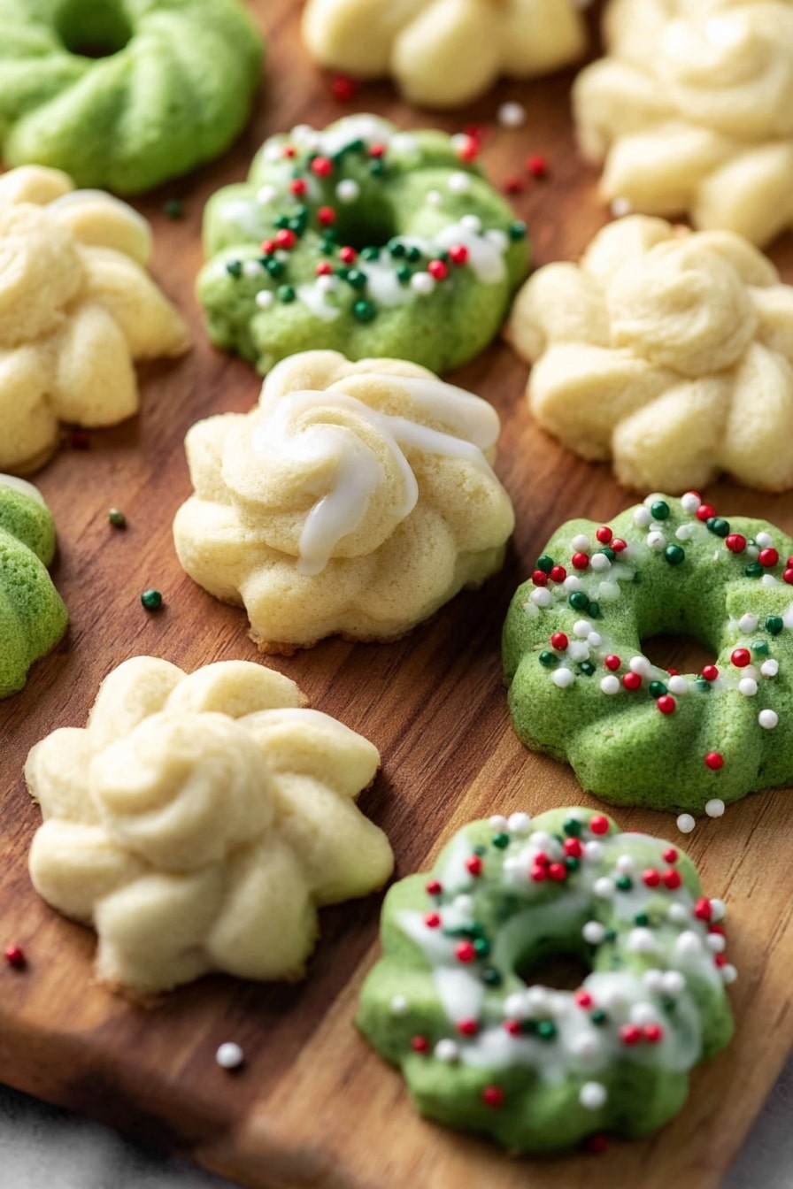 The image shows a close-up of several Christmas tree-shaped cookies placed on a wooden surface with a white marbled texture. Each cookie is light golden in color and has a soft, slightly textured surface. The cookie in the center is decorated with a white icing stripe going down the middle, topped with small round sprinkles in red, green, and white colors. Surrounding cookies have a simple, undecorated appearance, showing their natural baked texture. The overall scene captures the festive and homemade feel of these holiday treats. photo taken with an iphone --ar 2:3 --v 7 - Spritz Cookies with Almond Icing, festive spritz cookies, almond cookie recipe, holiday cookie ideas, buttery spritz cookies