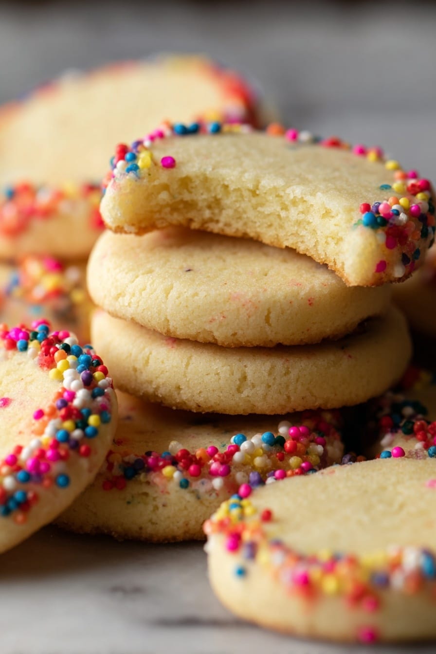 The image shows a stack of three round cookies placed on a black wire rack, against a soft brown background with a white marbled surface below. Each cookie has a light beige color with a smooth texture on top and bottom layers. The middle layer is slightly thinner and appears creamy, visible between the cookies. The edges of the cookies are coated in colorful round sprinkles in shades of pink, red, yellow, orange, green, blue, purple, and white, giving the stack a vibrant, festive look. In the background, blurred stacks of similar cookies can be seen. Photo taken with an iphone --ar 2:3 --v 7 - Buttery Sugar Cookies, classic sugar cookies, tender buttery cookies, easy cookie recipe, holiday sugar cookies