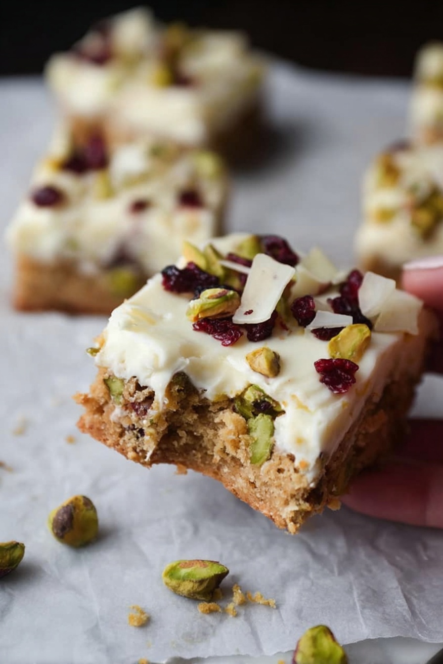 The image shows a close-up of a square dessert bar with two layers. The bottom layer is light brown with a crumbly texture and visible green pistachio pieces inside. The top layer is a thick white creamy frosting, scattered with small dark red dried fruit pieces and thin white chocolate shavings. A woman's hand has taken a bite from one bar, leaving an uneven edge. The bars rest on white parchment paper with scattered pistachio pieces around them, all placed on a white marbled surface. photo taken with an iphone --ar 2:3 --v 7 - Cranberry Pistachio Bliss Bars, Cranberry Pistachio Bars, holiday dessert bars, festive nut and berry bars, easy fruit and nut bars