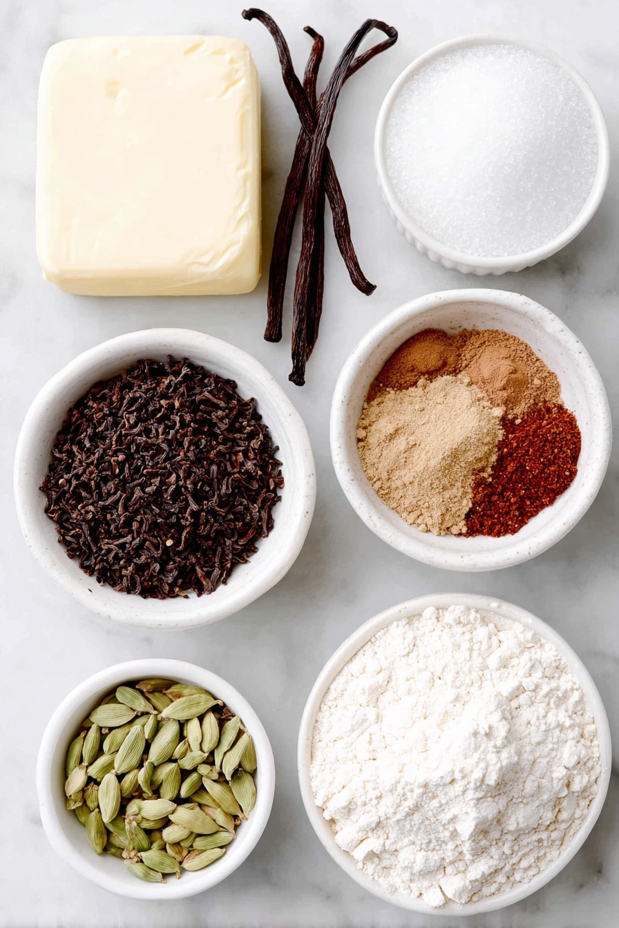 Flat lay of a small slab of pale yellow room temperature butter, a few whole vanilla beans beside a small white bowl of dark brown loose black tea leaves, a small white bowl filled with white granulated sugar, a small white bowl containing warm brown pumpkin pie spice, a small white bowl with light brown ground ginger powder, a tiny white bowl of reddish-brown allspice, a tiny white bowl holding greenish-brown cardamom pods, a small white bowl of coarse kosher salt, a small mound of white all-purpose flour arranged neatly on white ceramic, placed on a clean white marble surface, soft natural light, photo taken with an iPhone, professional food photography style, fresh ingredients, white ceramic bowls, no bottles, no duplicates, no utensils, no packaging --ar 2:3 --v 7 --p m7354615311229779997 - Chai Shortbread Cookies, spicy shortbread cookies, chai spice recipes, easy shortbread cookies, cozy holiday treats