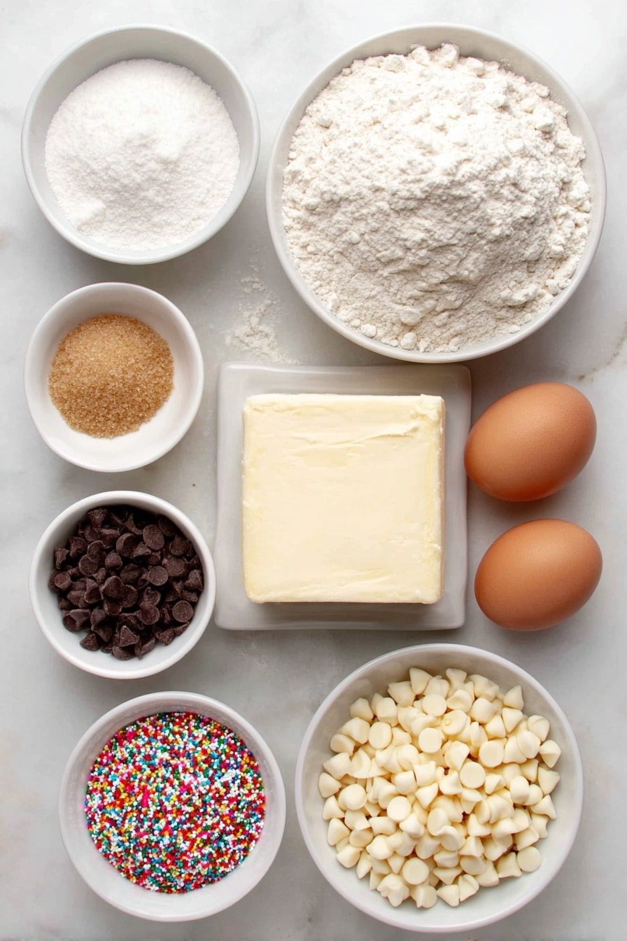 Flat lay of a small mound of pale all-purpose flour, a small white ceramic bowl filled with fine white baking soda powder, a small white ceramic bowl holding smooth white cheesecake pudding mix powder, a few grains of coarse salt scattered next to a small white bowl with salt, a large square block of soft unsalted butter with a creamy texture, a small neat pile of dark golden brown sugar crystals, a small pile of fine white granulated sugar, two whole uncracked large brown eggs with clean shells, a small white ceramic bowl of clear vanilla extract, a simple heap of creamy white chocolate chips, and a small handful of vibrant rainbow sprinkles—all arranged in perfect symmetry on a clean white ceramic plate and bowls, placed on a clean white marble surface, soft natural light, photo taken with an iPhone, professional food photography style, fresh ingredients, white ceramic bowls, no bottles, no duplicates, no utensils, no packaging --ar 2:3 --v 7 --p m7354615311229779997 - Funfetti Cheesecake Pudding Cookies, colorful birthday cookies, easy cheesecake cookies, soft rainbow sprinkle cookies, funfetti dessert recipes