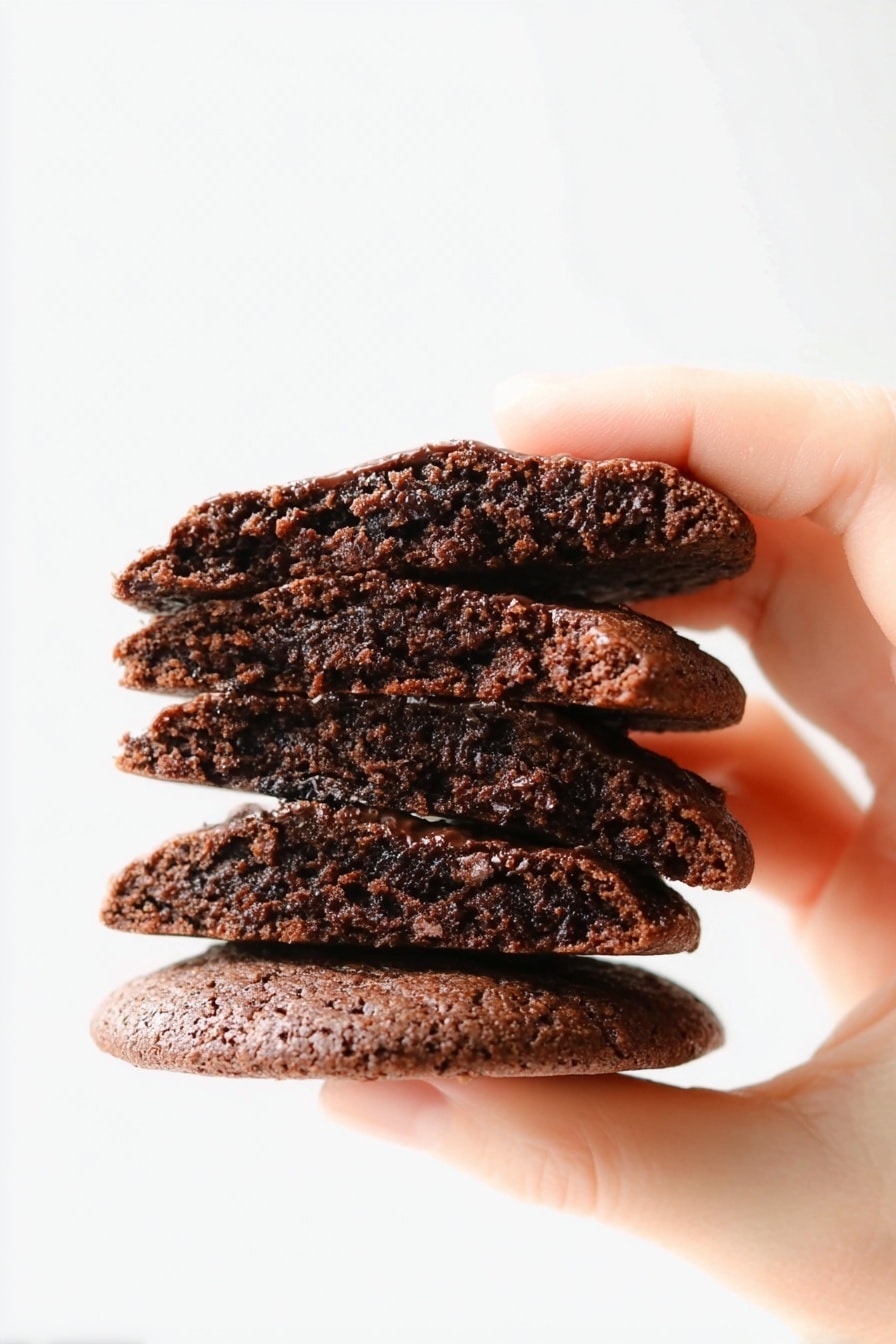 The image shows a cooling rack filled with freshly baked large, round chocolate cookies, each with a rich dark brown color and slightly cracked surface, indicating a chewy texture. The cookies have uneven, rough textures with some areas showing lighter patches and subtle chocolate chunks embedded within the dough. The cooling rack sits on a white marbled surface, emphasizing the deep chocolate tones of the cookies while the edges of the rack show a golden baking tray under the parchment paper. The setup is simple and rustic, focusing fully on the cookies' detailed textures and colors photo taken with an iphone --ar 2:3 --v 7 - Chocolate Brownie Cookies, brownie cookies recipe, chewy chocolate cookies, fudgy cookie recipe, easy brownie cookie recipe