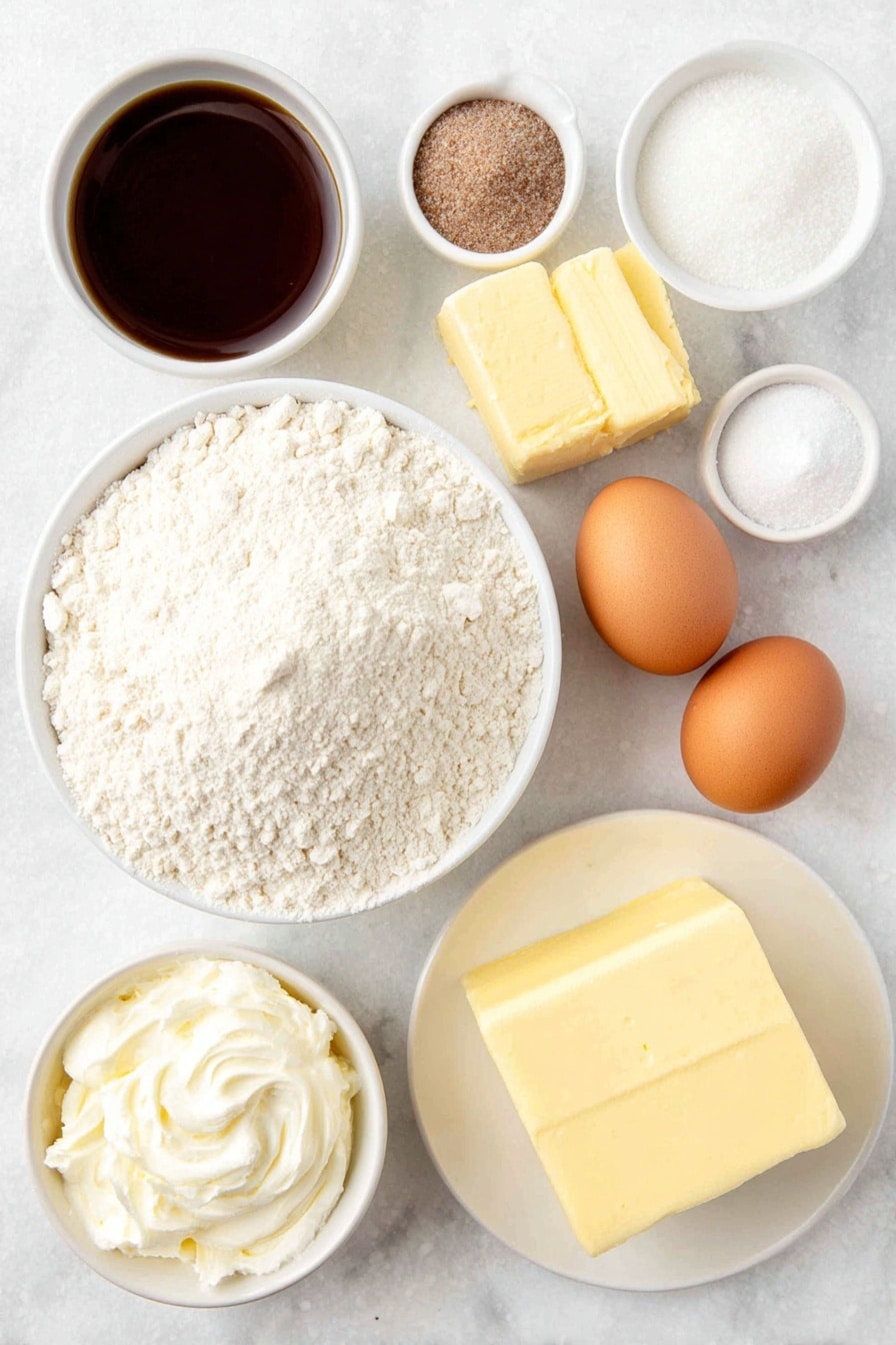 Flat lay of a mound of fine white all-purpose flour, a small pile of granulated sugar crystals, two whole brown eggs with clean shells, a softened pale yellow block of unsalted butter, a small white ceramic bowl of thick white sour cream, a small white bowl with clear vanilla extract, a small white bowl with pale lemon extract, a small white bowl of fine white powdered sugar, and a block of smooth cream cheese, all arranged in perfect symmetry on simple white ceramic bowls and plates, placed on a clean white marble surface, soft natural light, photo taken with an iPhone, professional food photography style, fresh ingredients, white ceramic bowls, no bottles, no duplicates, no utensils, no packaging --ar 2:3 --v 7 --p m7354615311229779997 - Christmas Tree Sugar Cookies with Cream Cheese Frosting, festive holiday cookies, Christmas cookie decorating ideas, easy Christmas sugar cookies, holiday treat recipes