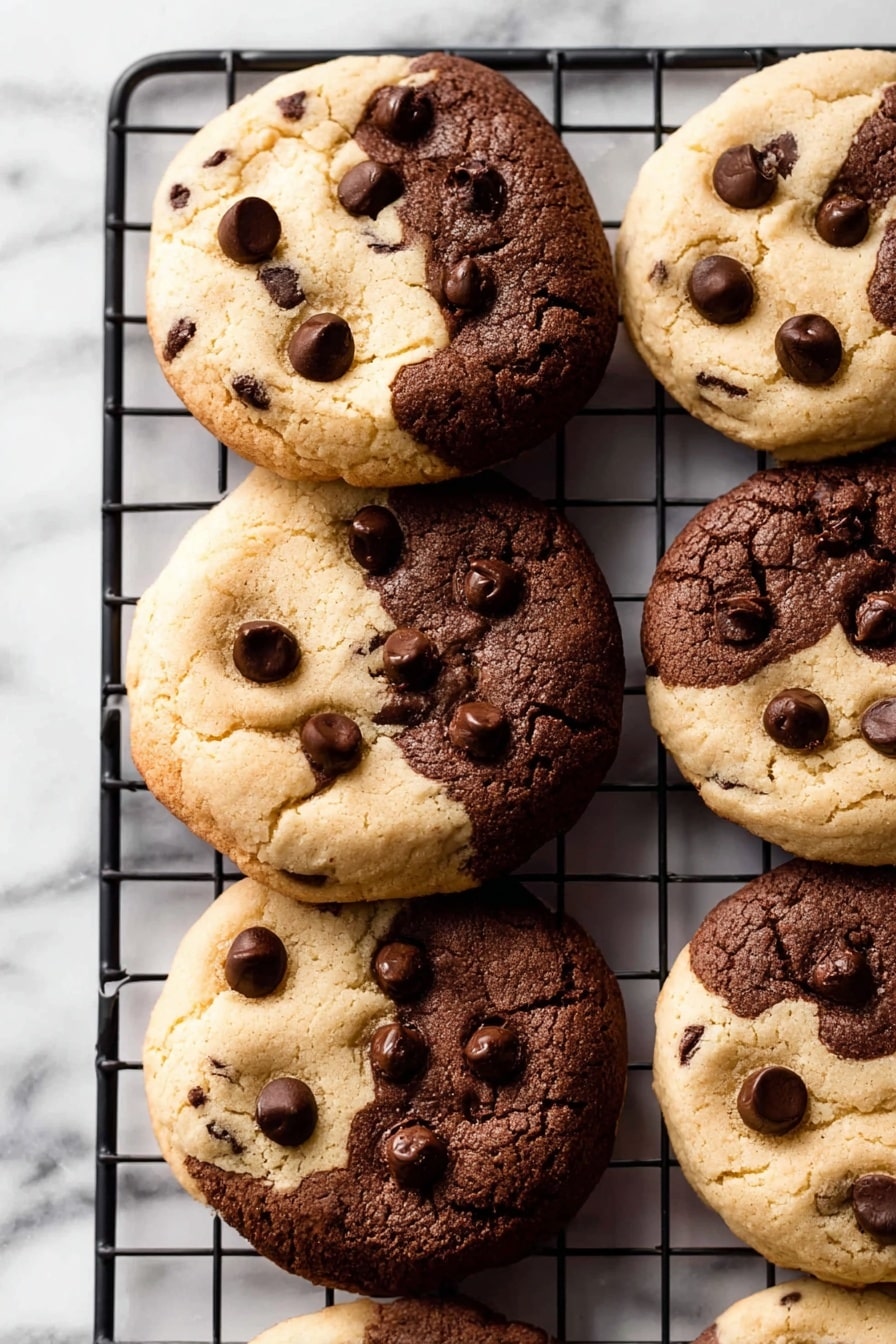 A close-up view of a stack of three cookies, each cookie divided into two colors: light beige and dark brown, with a soft, slightly bumpy texture. The top cookie shows scattered chocolate chips embedded in the light beige part, while the middle cookie's dark brown part looks smooth and rich. Surrounding the stack on a white marbled surface are a few more chocolate chips and blurred cookies in the background, creating a warm and cozy feeling. photo taken with an iphone --ar 2:3 --v 7 - Brookies Cookies with Chocolate Chips, chocolate chip brownie cookies, easy brookie recipe, chewy brownie cookie combo, homemade brookies