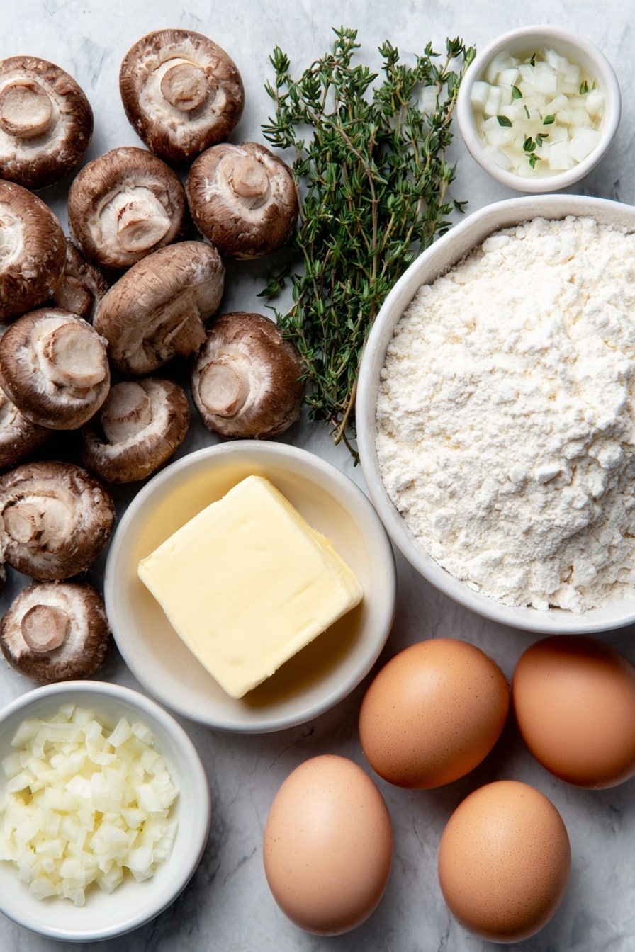 Flat lay of fresh brown sliced mushrooms spread evenly, a small mound of diced white onion, two peeled garlic cloves minced finely, a few sprigs of fresh green thyme, a few sprigs of fresh flat-leaf parsley, a small white ceramic bowl holding a pale yellow slab of unsalted butter, a small white ceramic bowl filled with fine all-purpose flour, a small white ceramic bowl with creamy heavy cream, a small white ceramic bowl with golden chicken broth, and two whole brown eggs with clean shells, all arranged symmetrically in balanced proportion on a simple white ceramic surface, placed on a clean white marble surface, soft natural light, photo taken with an iPhone, professional food photography style, fresh ingredients, white ceramic bowls, no bottles, no duplicates, no utensils, no packaging --ar 2:3 --v 7 --p m7354615311229779997 - Creamy Mushroom Bisque, mushroom bisque, creamy mushroom soup, easy mushroom bisque, velvety mushroom soup